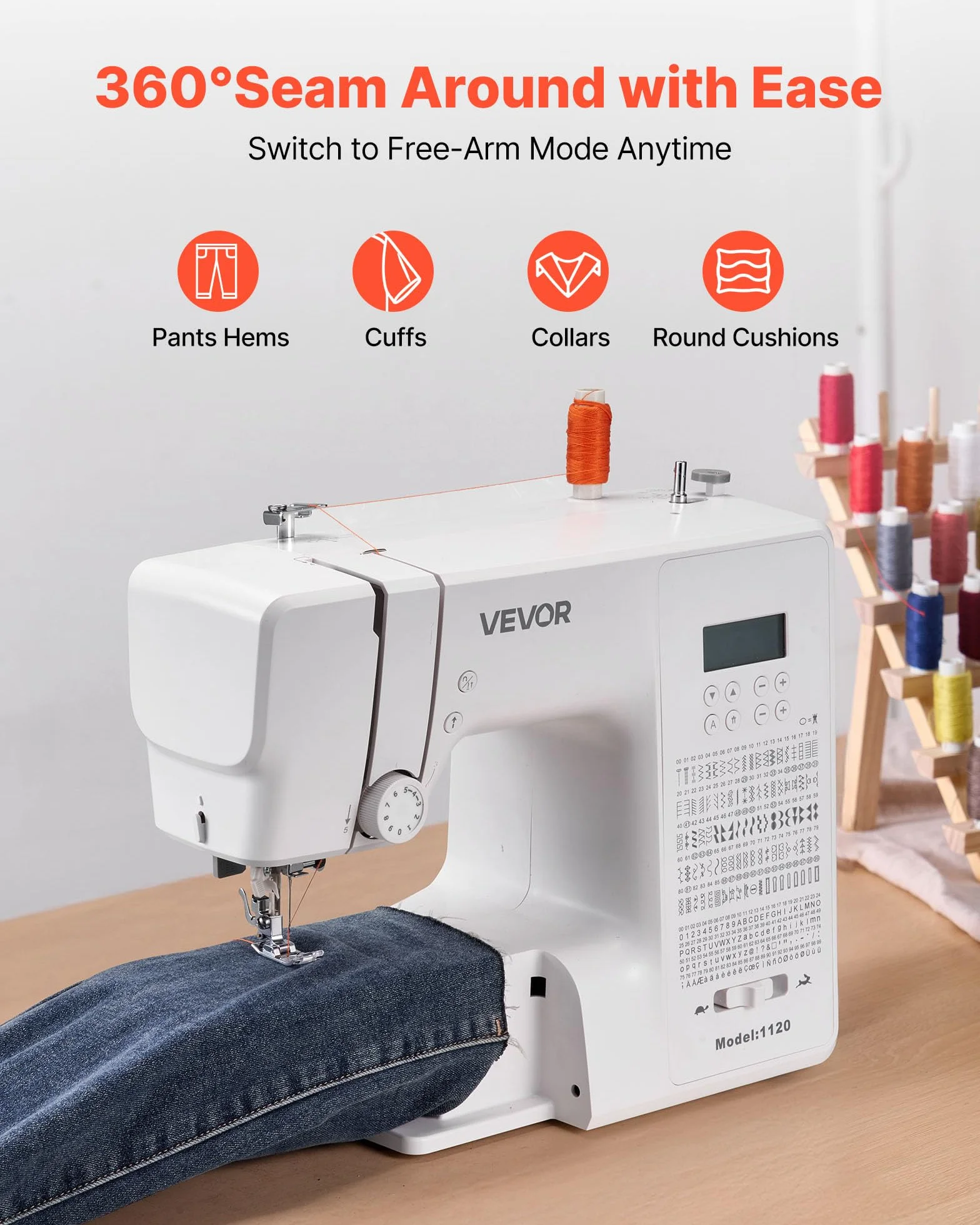 VEVOR Máquina de Coser, Máquina de Coser Digital con 200 Aplicaciones de Puntadas, Pantalla LCD, Pedal y luz LED, Estructura Metálica Resistente y Potente Motor para Manualidades, Blanco
