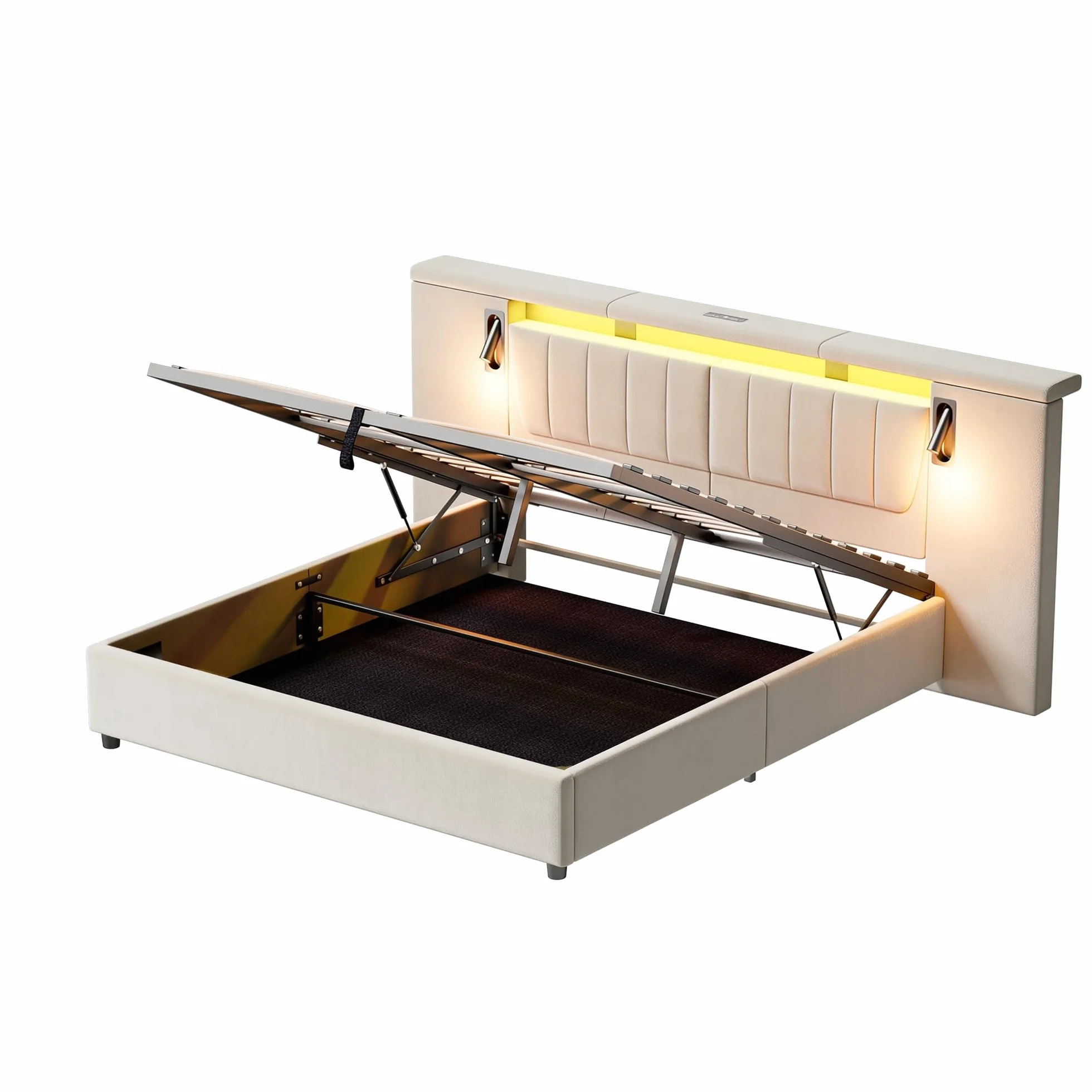 Cama 180x200 Camas Matrimoniales con Almacenaje, Cama Matrimonio con LED y Cabecero, Cama Canape con USB y lámpara de Lectura, Estructura Cama Doble con Somier, Sin Colchón, Terciopelo Beige