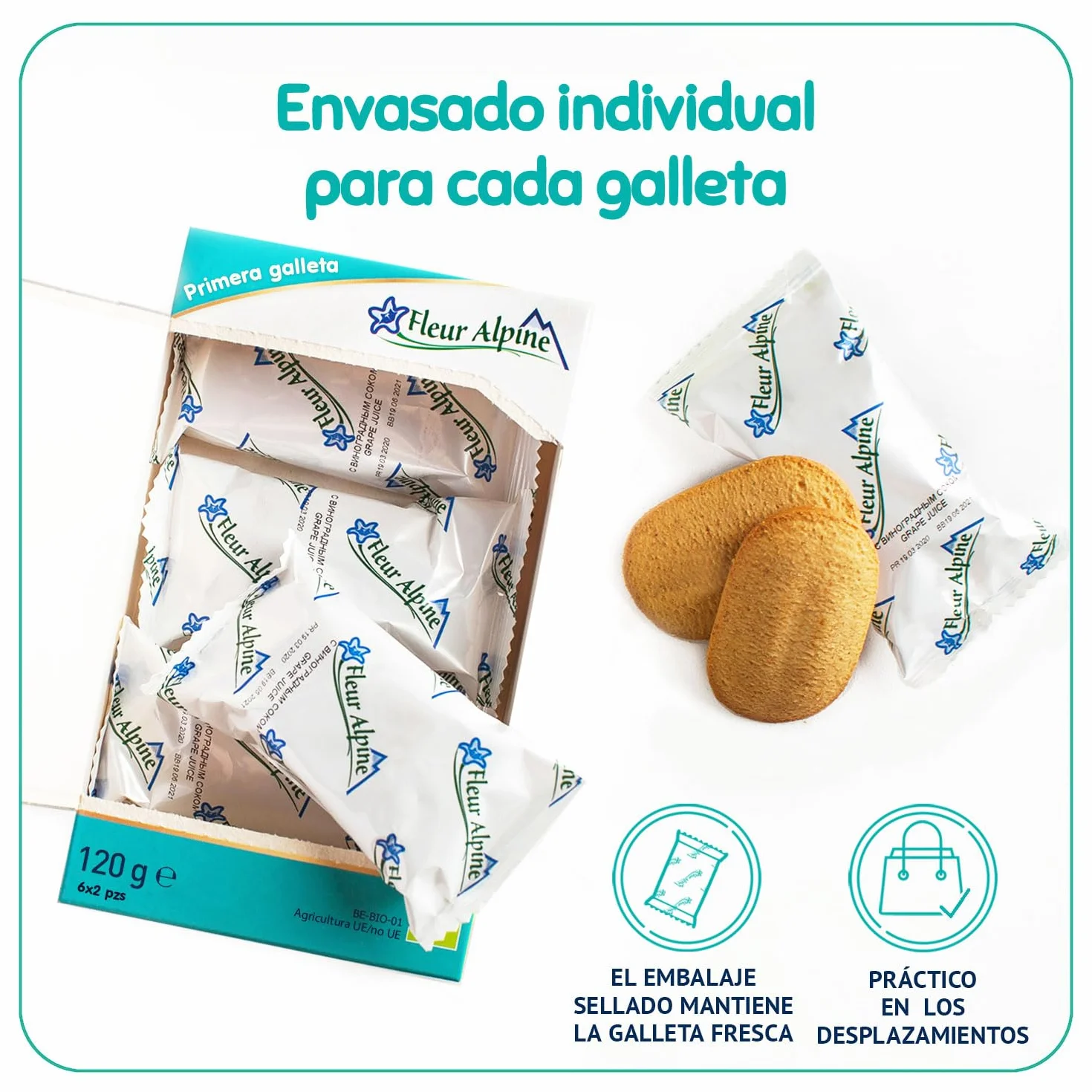 FLEUR ALPINE Galletas para Bebés con Jugo de Uva 12x2 Bocadillos Orgánicos Sin Azúcar Añadida 6 meses