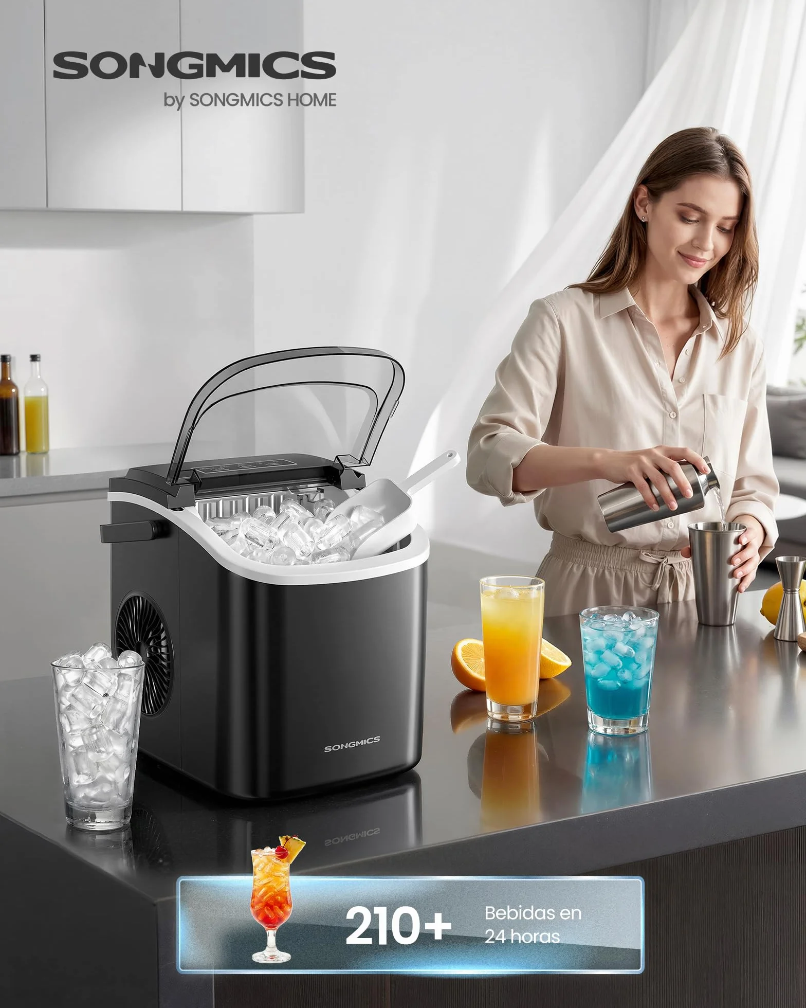 SONGMICS Máquina de Hielo, Máquina de Cubitos Autolimpiante, 9 Cubitos en 6 Minutos en 2 Tamaños, 12 kg en 24 Horas, Portátil, Casa, Cocina, Oficina, Fiestas Camping, Negro Tinta XZB001B1EU