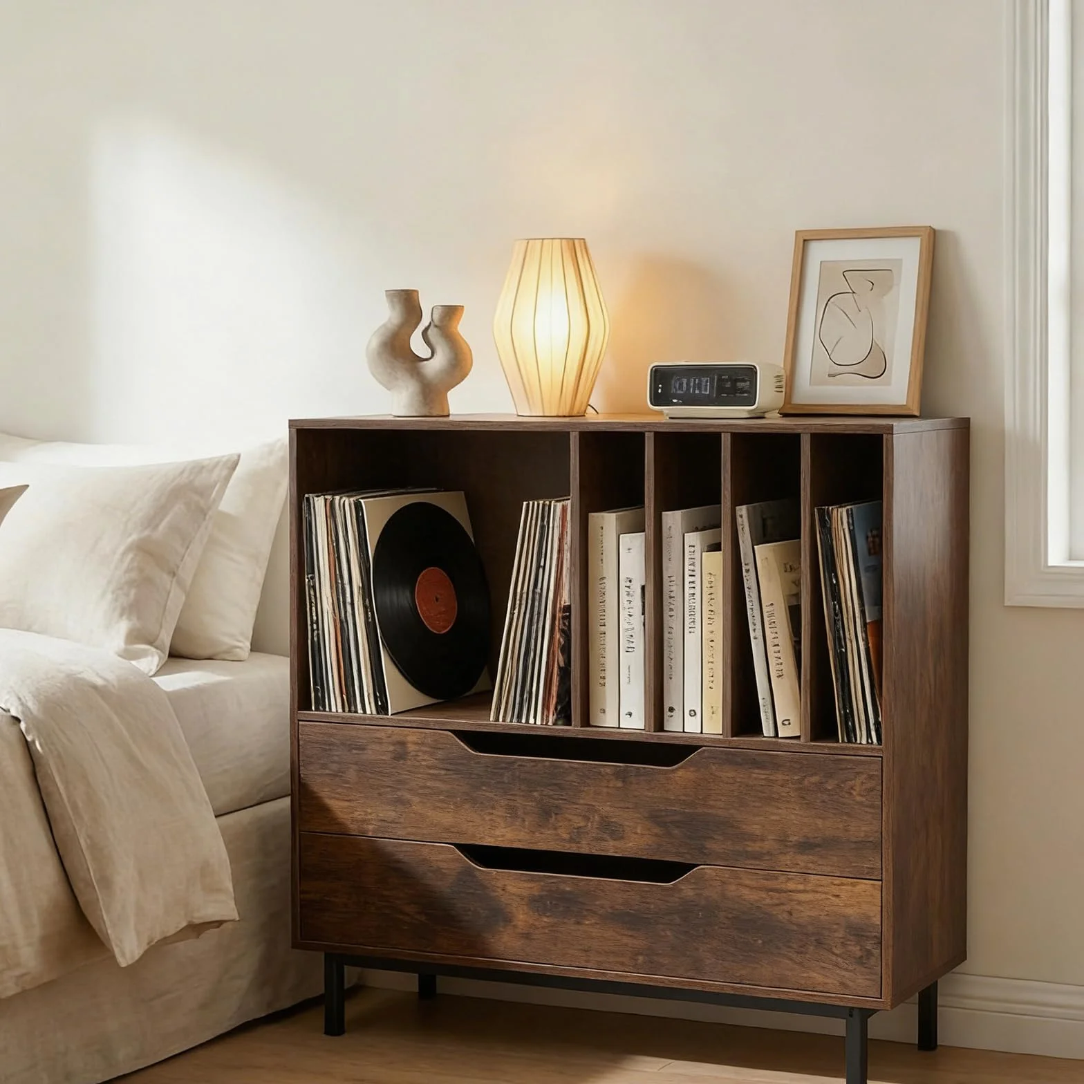 KOMFOTTEU Mueble para Tocadiscos con 2 Cajones, Soporte de Vinilo, Patas de Metal, 91x36x87 cm Marron