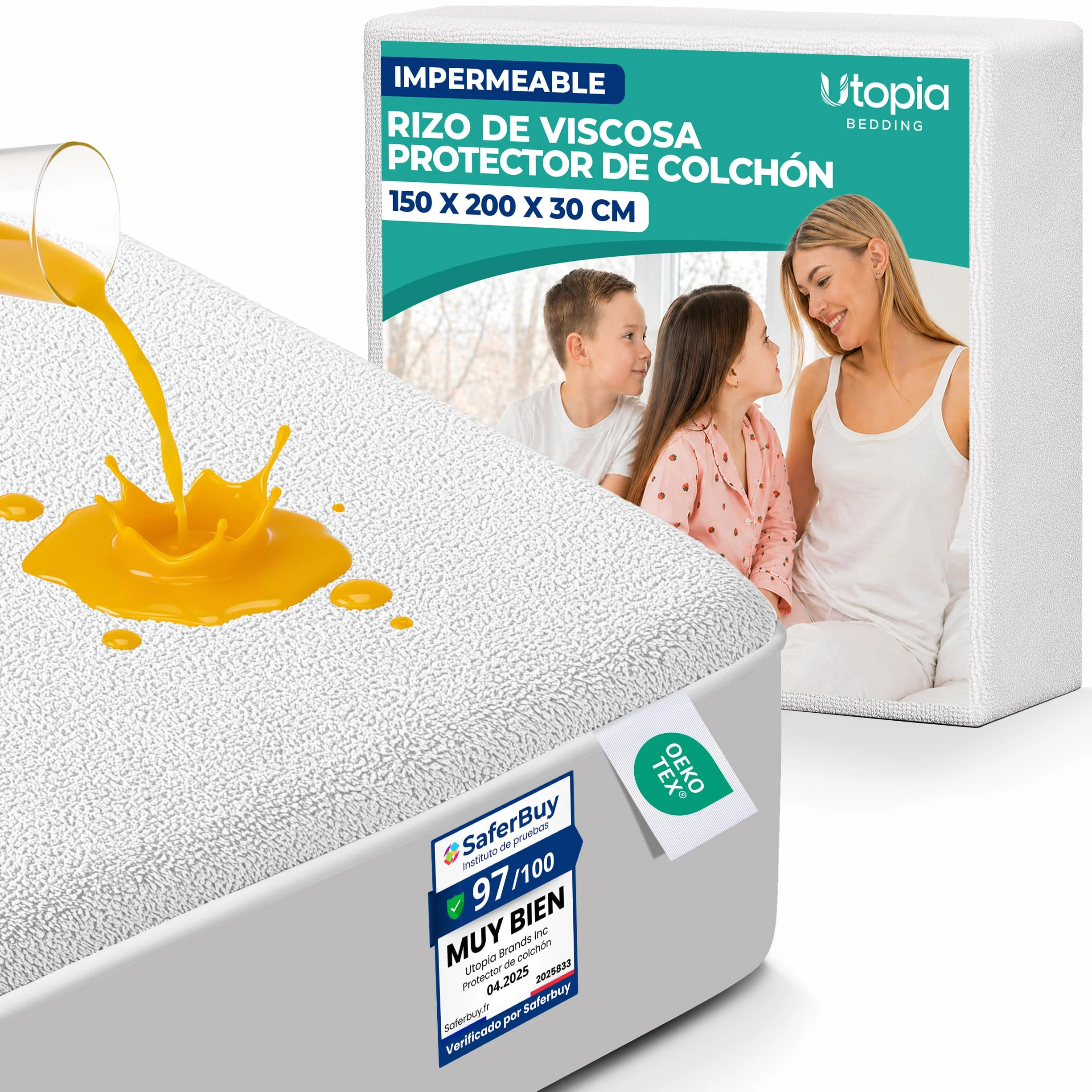 Utopia Bedding Protector de Colchón 150x200x30 cm Impermeable Viscosa Oeko-Tex Funda Transpirable Elástico