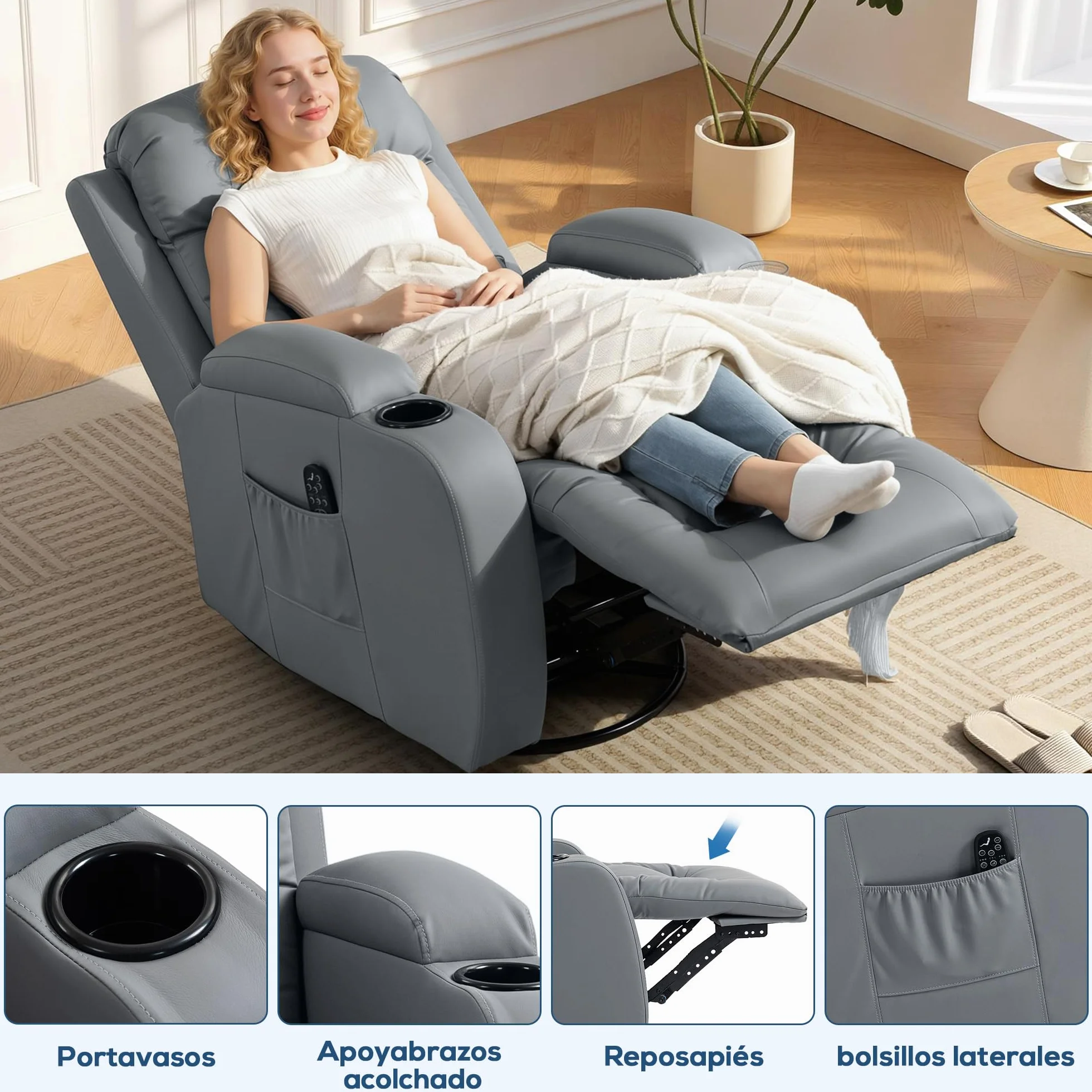 HOMCOM Sillón de Masaje Giratorio, Sillón Relax Reclinable con 8 Puntos de Masaje, Función Calefacción Lumbar, Mando a Distancia, Tapizado en PU, Reposapiés, Bolsillo Lateral, Función Basculante Gris