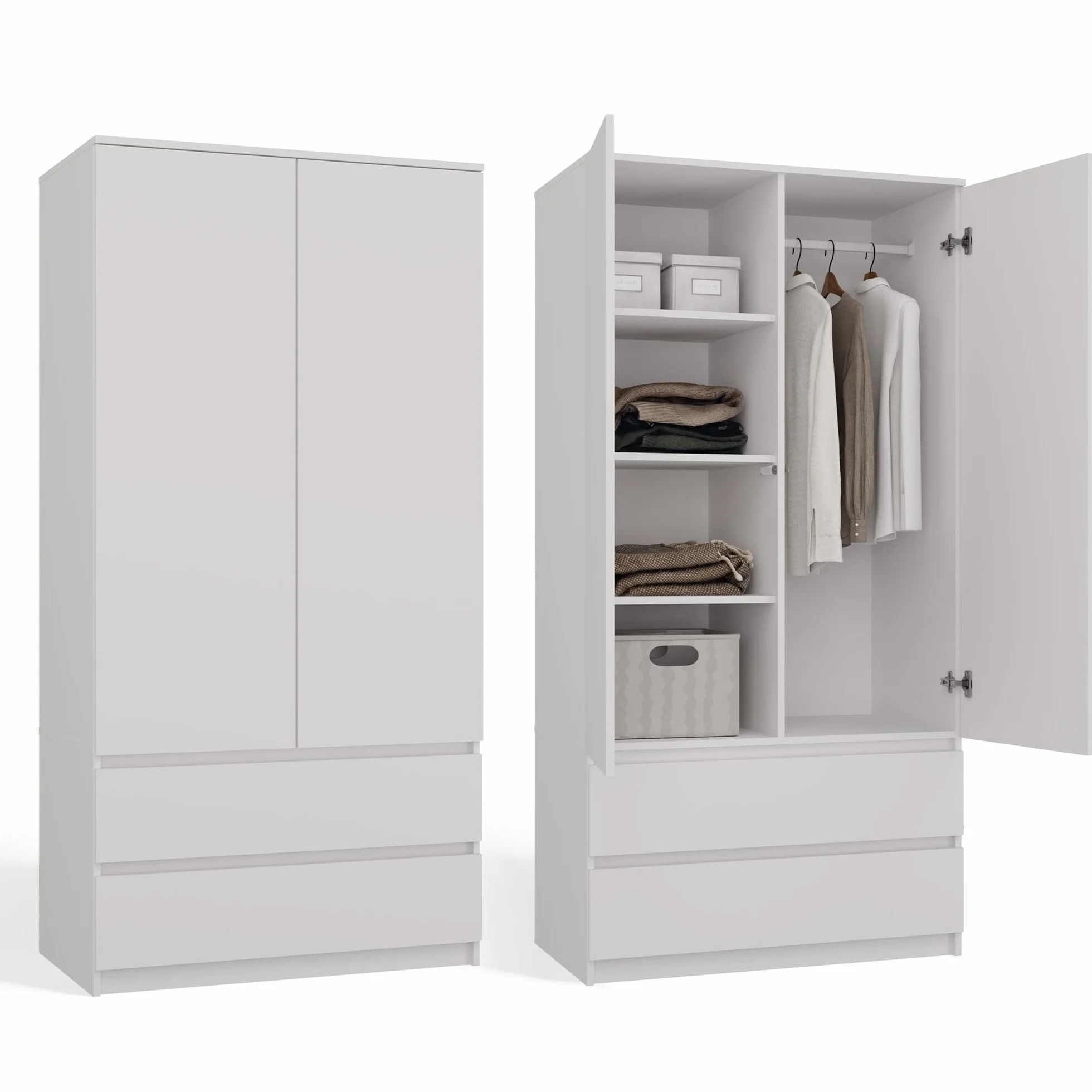CDF Armario Dormitorio 90cm 2 Puertas 2 Cajones Armario Ropero Blanco Tablero Laminado 16 mm