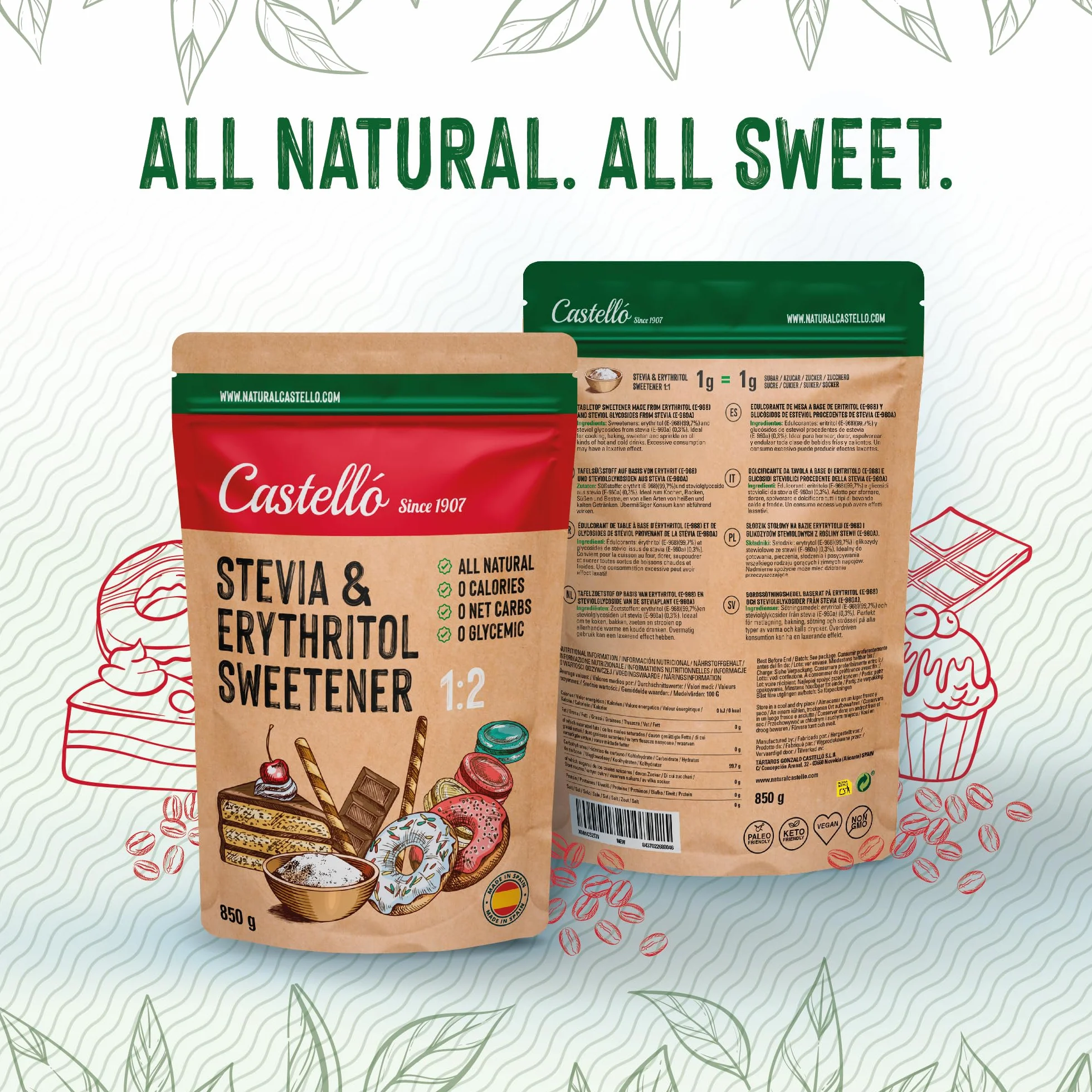 Castello Stevia Eritritol 1:1 850 g Sustituto del Azúcar 100% Natural 0 Calorías Keto Paleo