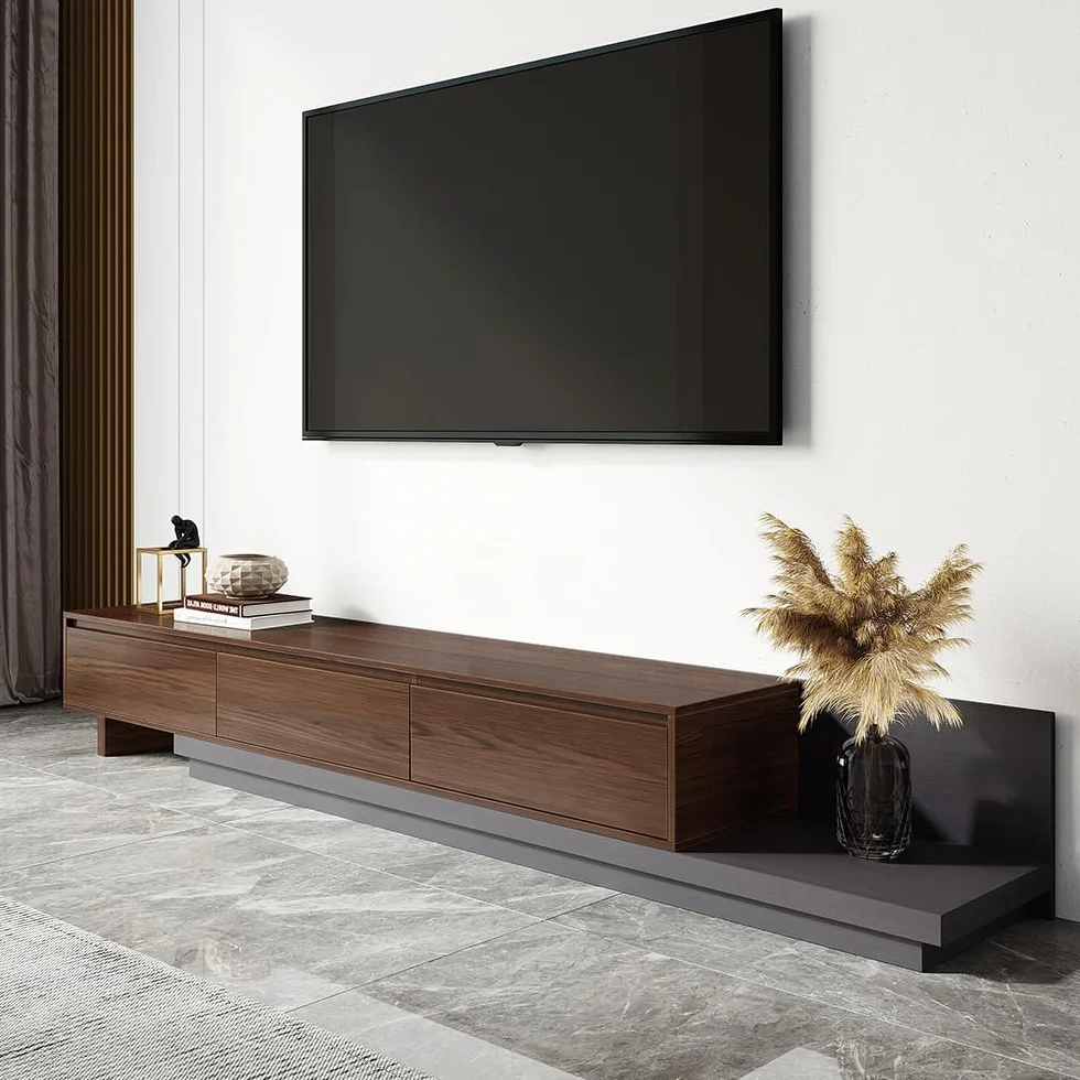 Homary Mueble TV Extensible 200–360 cm Mueble TV salón Moderno con 3 cajones Soft-Close y diseño Extensible para Muebles de salón Flexibles, Nogal y Gris