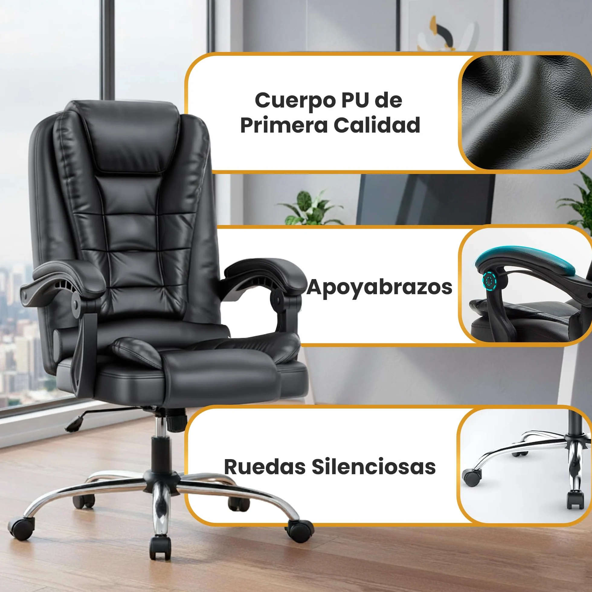 EveryKip Silla de Oficina Profesional con Respaldo Alto 360° Sillón Escritorio Reclinable Cojín Lumbar Altura Ajustable Negro