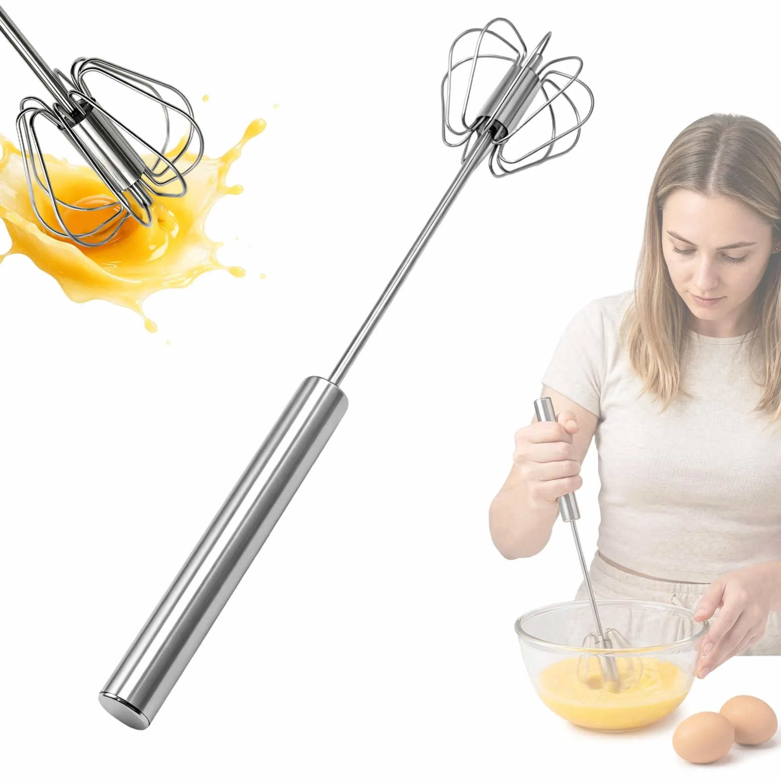Batidor Manual semiautomático de Acero Inoxidable, Varillas Cocina Multifuncional para batir Huevos, espumar Leche y Mezclar Ingredientes en el hogar