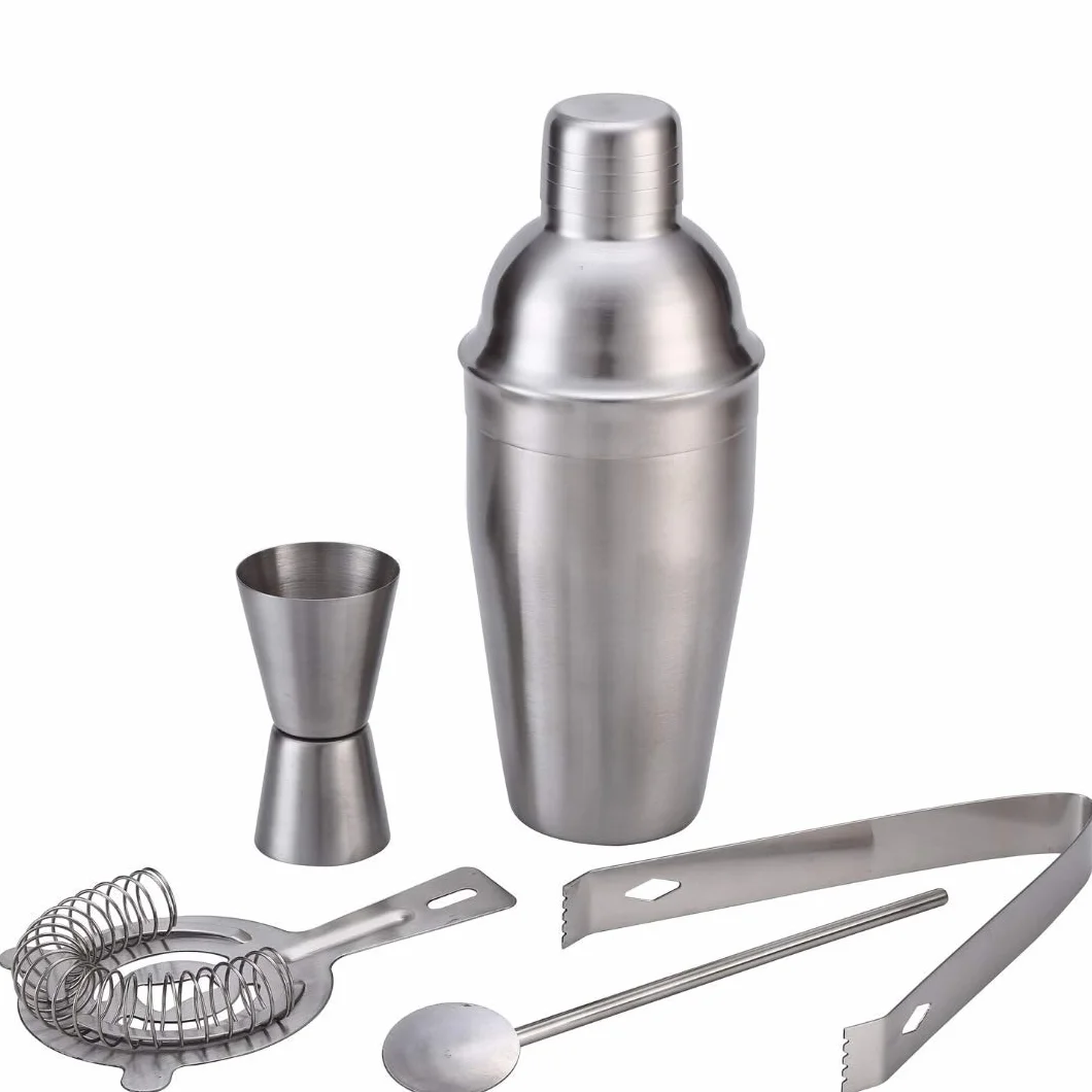 Juego de 5 piezas de mezcla de cócteles – El kit incluye coctelera de acero inoxidable (estilo de zapatillas), colador, doble medida de alcohol, pinzas de hielo y pajita de metal con agitador. Para