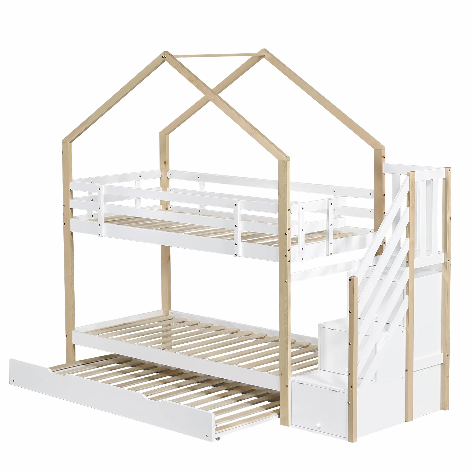 LAKFEW Litera de 90x200 con Cama Nido 90x190 cm, Cama Infantil con Escalera de Almacenaje y Protección Anticaída, Litera Infantil, Camas Infantiles de Madera para 3 Personas, Natur+Blanco, Sin Colchon