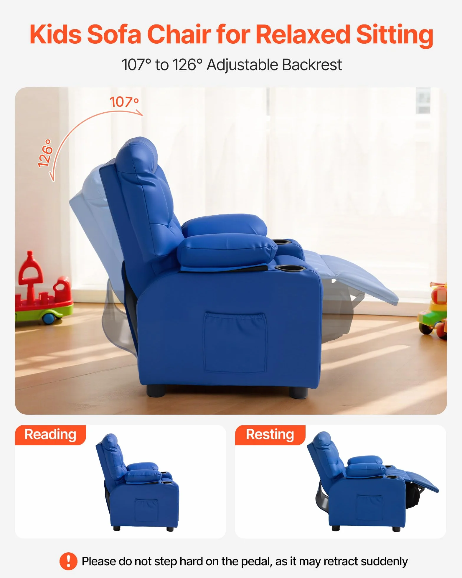 VEVOR Sillón Relax Reclinable para Niños, Sofá Infantil, Respaldo Ajustable 107°-126°, 2 Portavasos, 4 Bolsillos, Reposapiés, Cuero Sintético, Azul
