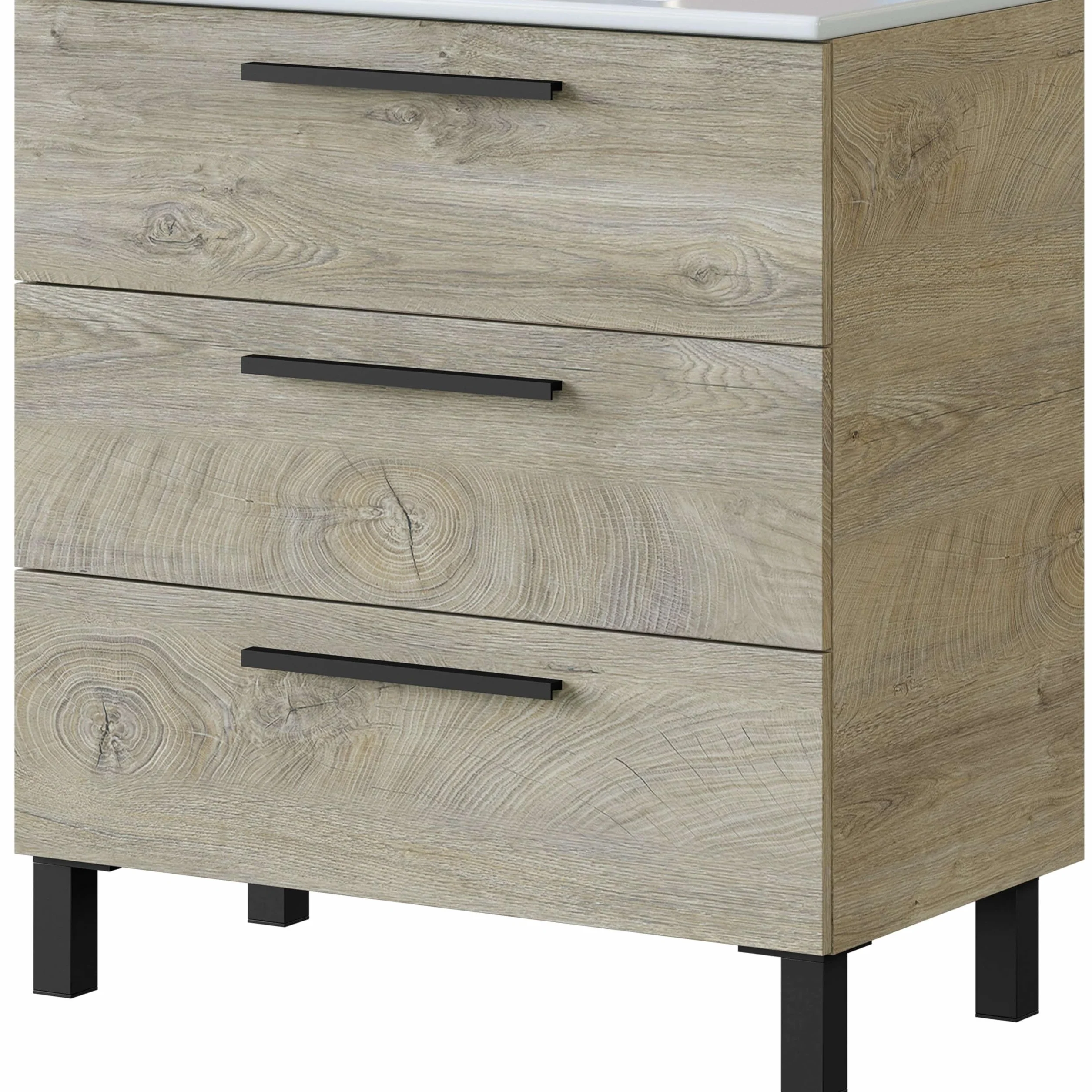 ARKITMOBEL Mueble de Baño Athena con 3 Cajones y Espejo, Módulo de Lavabo con Patas, Color Roble Alaska, Medidas: 80x86x45 cm (Lavabo No Incluido)