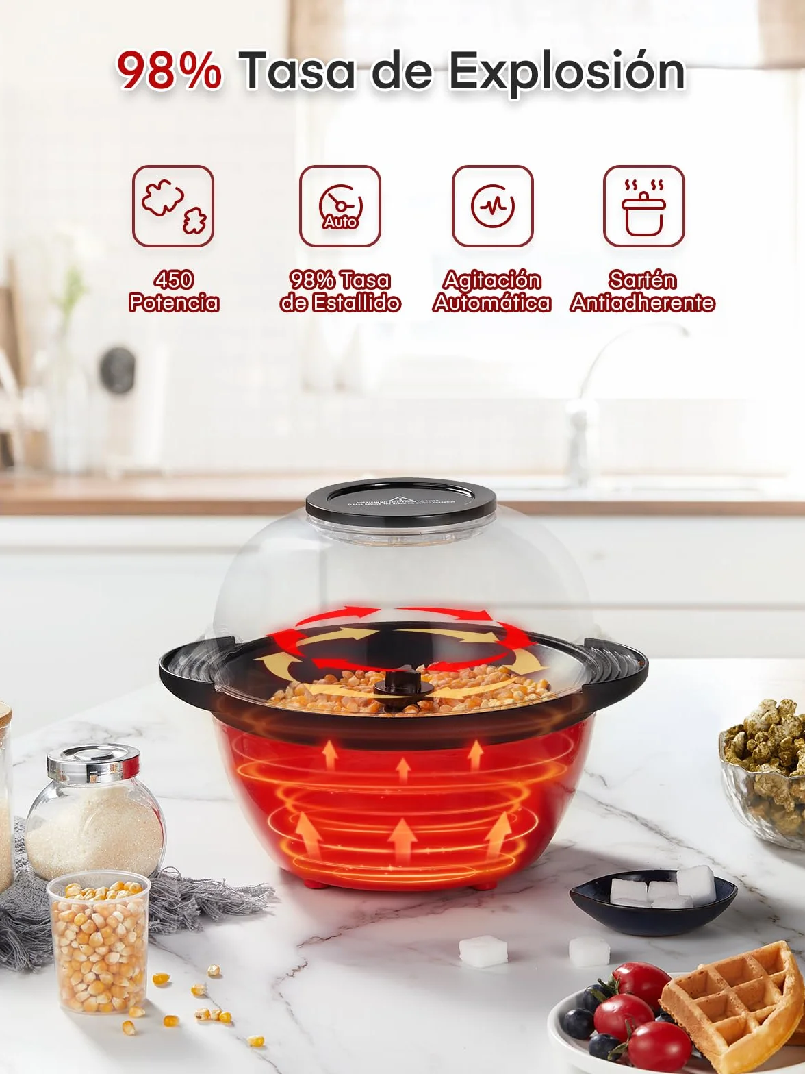 FOHERE Máquina de Palomitas Casera 3,5 Litros Antiadherente Agitación Automática
