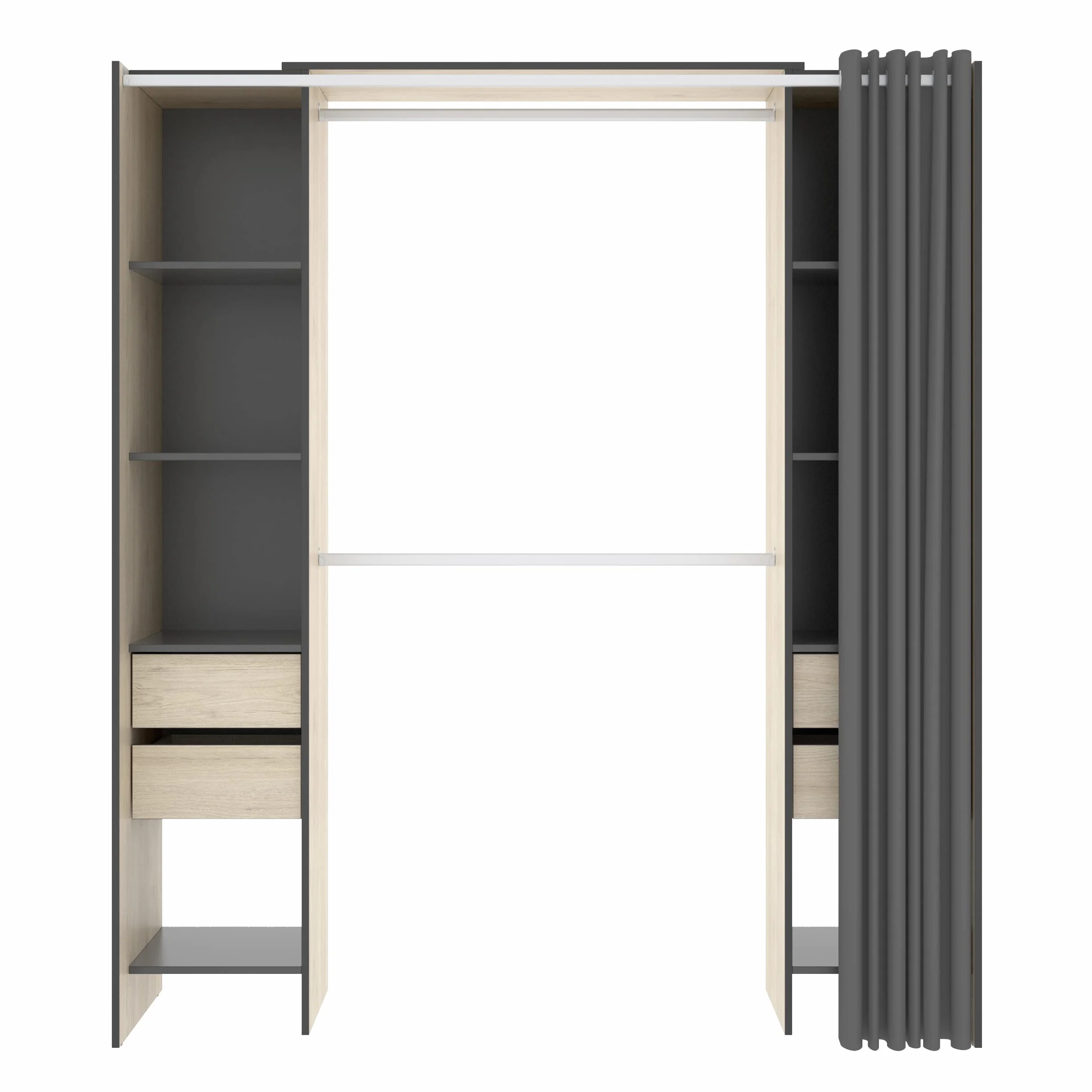 DEKIT GRUPO RIMOBEL SUIT - Vestidor con estantes y curato cajones con cortina - Natural / Grafito - 205 X 50 X 177,5 cm