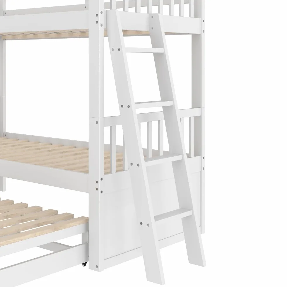 Litera infantil de 90x200cm con escalera, cama extraíble y 3 cajones, estructura de pino y MDF, barandilla alta, convertible en 2 camas individuales, colchón no incluido, Blanco