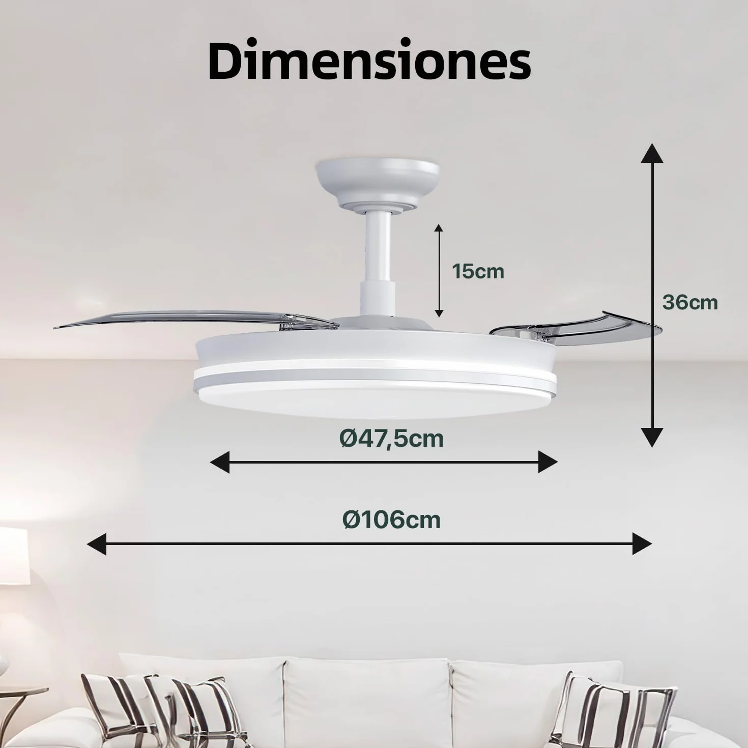 Ventilador de techo con luz LED 3 aspas retráctiles Motor DC 30W+42W 6 velocidades temporizador 3 temperaturas de luz silencioso 50CM