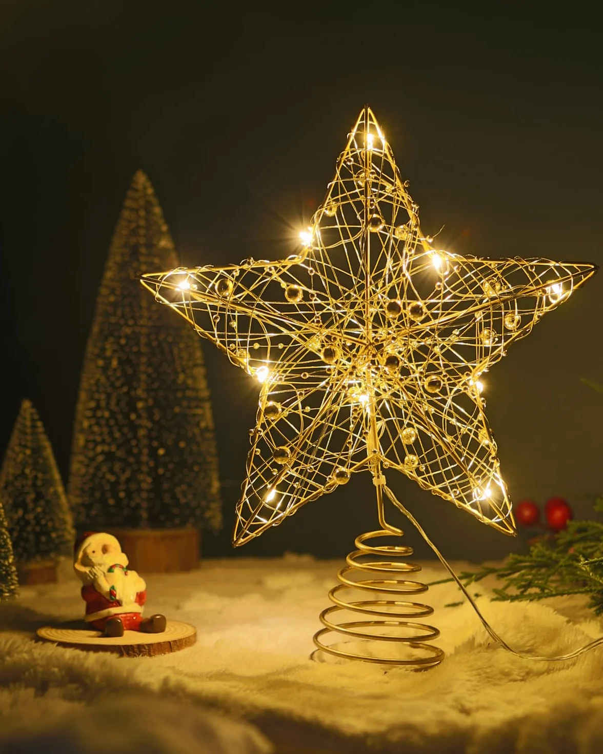 Estrella LED de Cinco Puntas para Árbol de Navidad - Decoración Topper de Metal Oro 25cm