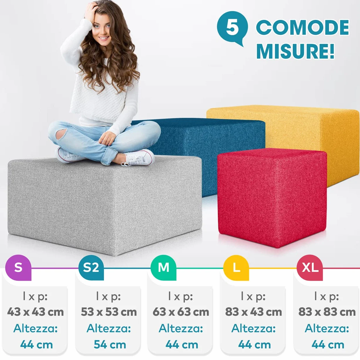 Puff reposapiés Deshome Cubo 43x43x44 cm Tela hidrorrepelente Gris Minerva