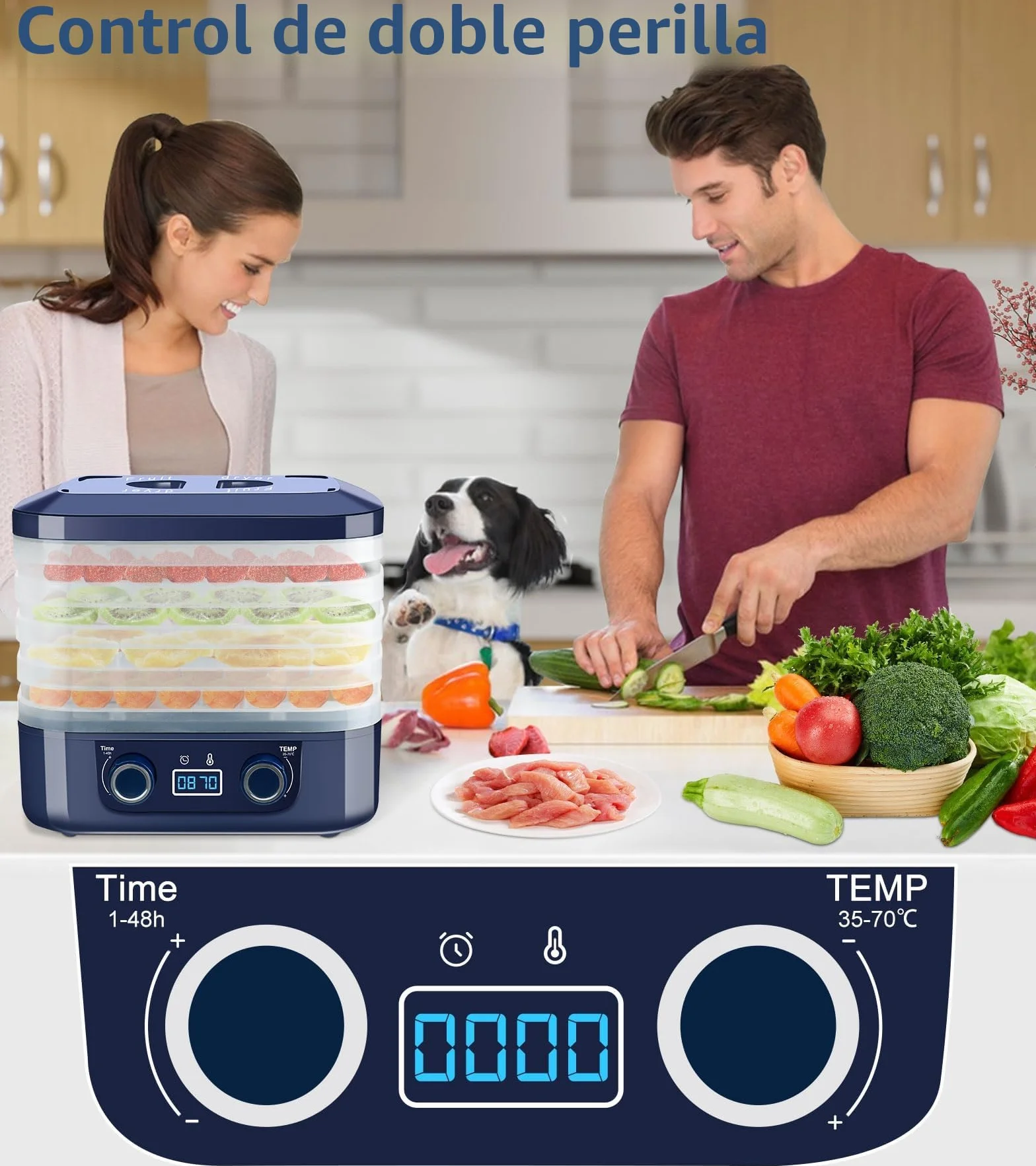 DeeprBling Deshidratador de Alimentos 5 Bandejas Desmontables Control de Temperatura 35-70°C Temporizador 48 Horas Frutas Verduras Pantalla Digital Sin BPA