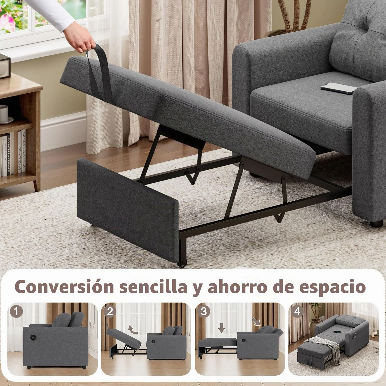 Sofá Cama 3 en 1 Convertible con USB y Puerto Type-C, Sillón Cama con Respaldo Ajustable en 3 Posiciones y Cojín, Bolsillo Lateral, Soporta 200 kg, Ideal para Apartamento y Salón, Gris Oscuro