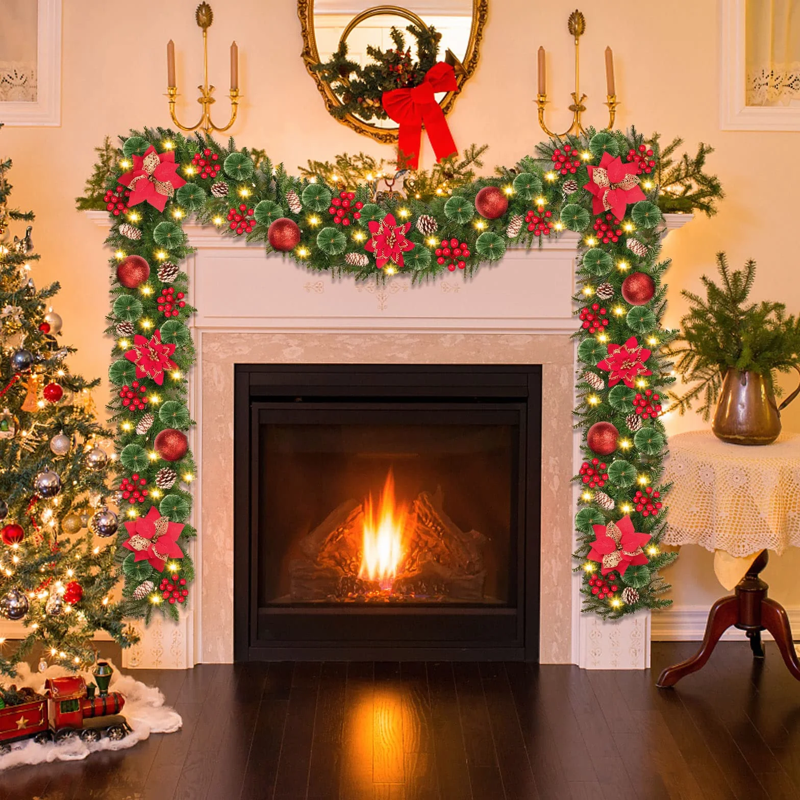 Guirnalda de Navidad, 2.7m Guirnalda Navideña con 50 LED Luces, Guirnalda de Navidad con 8 Modos de Iluminación, Guirnalda Navideña para Escaleras, Puerta, Arco, Hogar, Exterior, Decoración (Rojo)