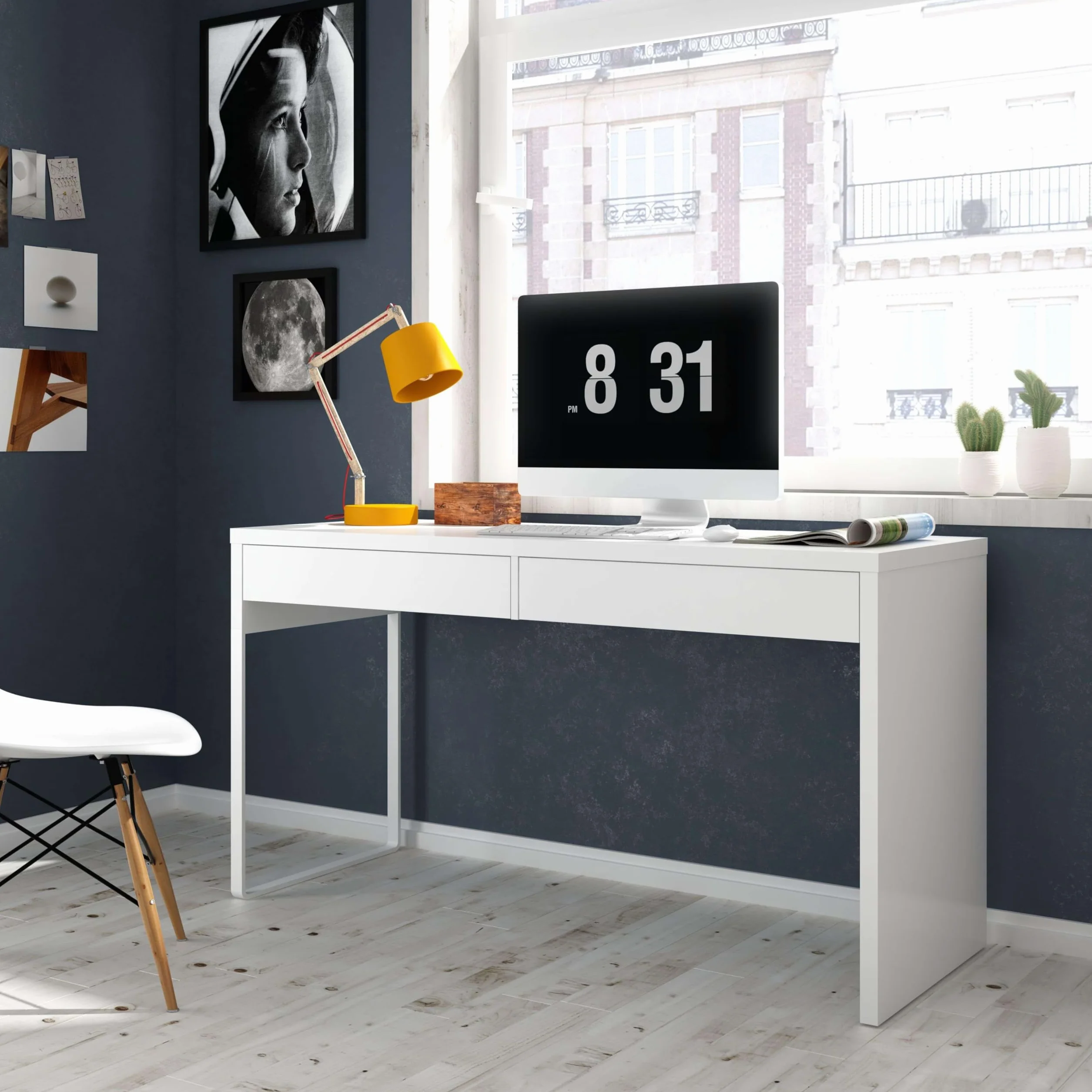Habitdesign Mesa Escritorio con 2 Cajones, Modelo Touch, Blanco, 138x50x75 cm