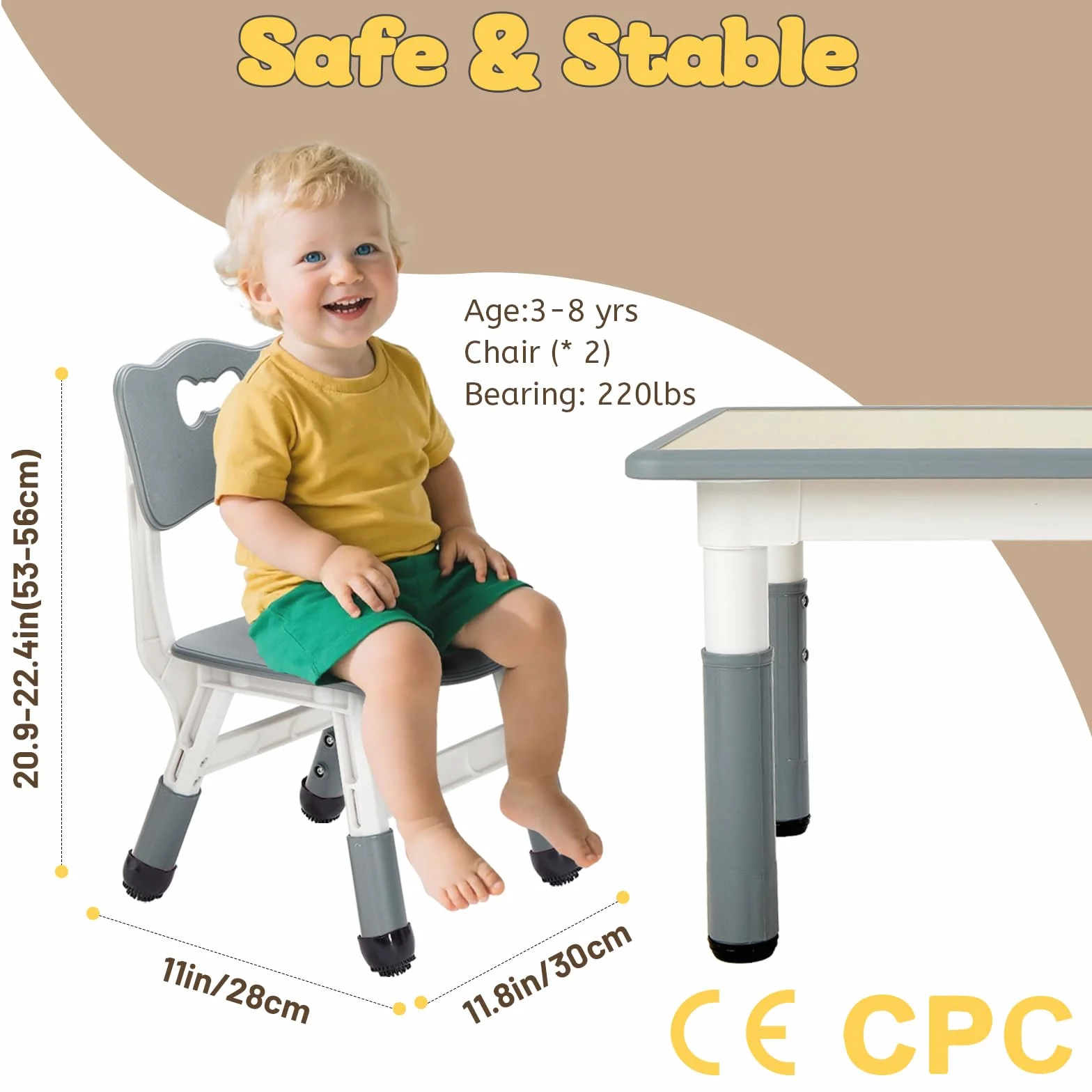 FUNLIO Silla Infantil Ajustable (2pcs), Silla de Altura Ajustable de 3 Niveles para Niños de 3-8 Años, Infantil con Soporte Máximo de 220lbs, para Aulas/Cuarteles/Hogares - Gris