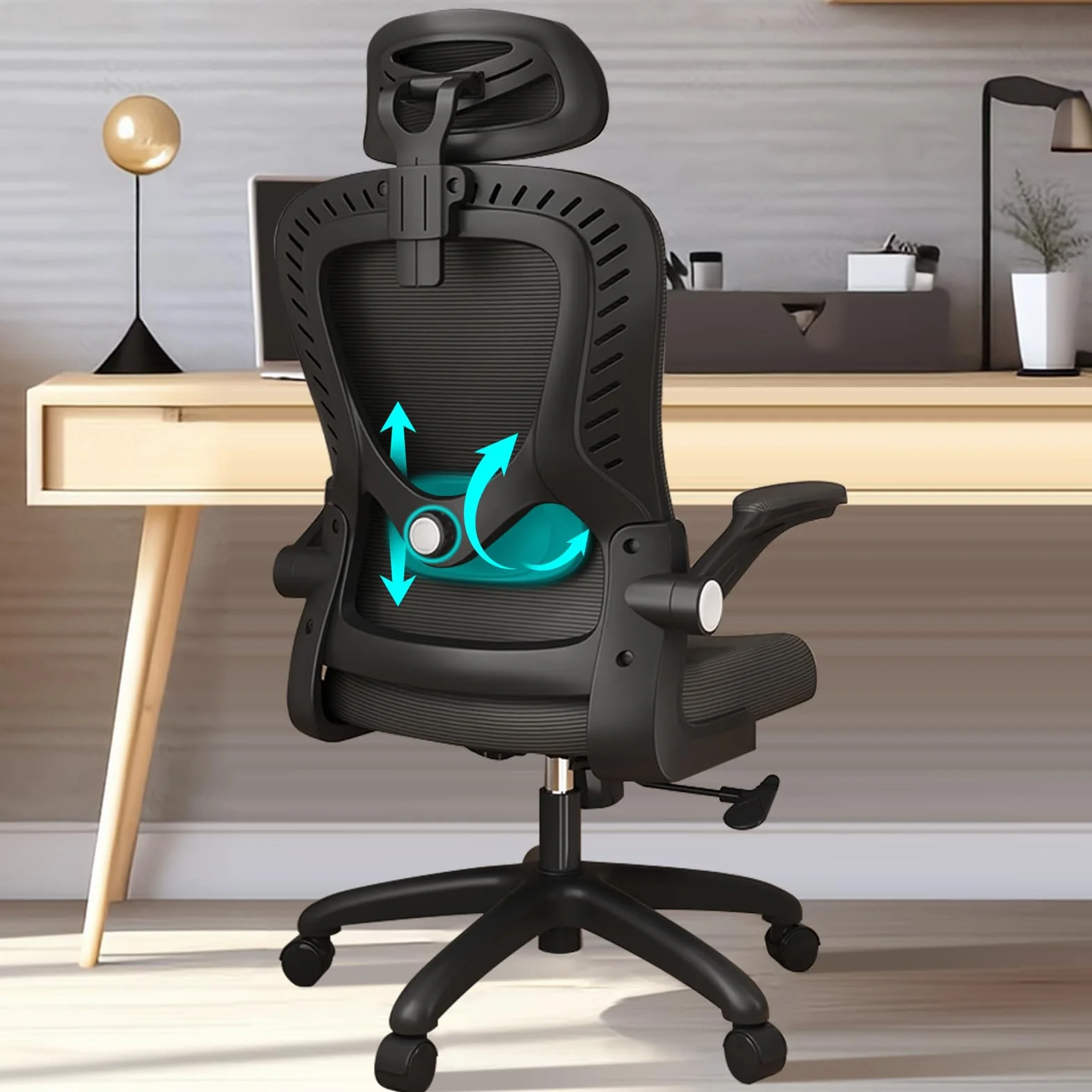 LEVIPE Silla de Oficina Ergonómica con Soporte Lumbar, Reposabrazos y Reposacabezas Ajustable, Respaldo Alto Giratoria