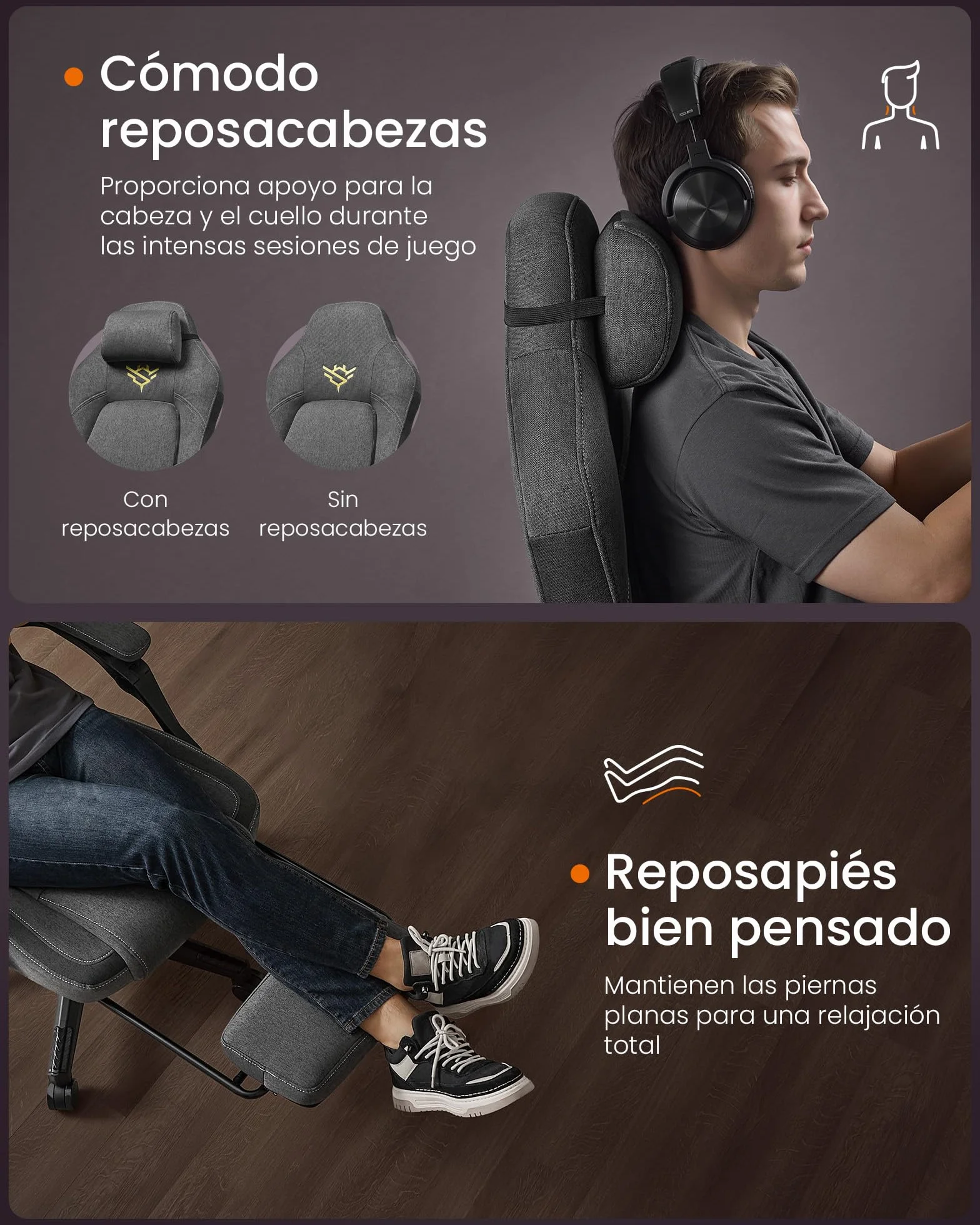 SONGMICS HOME Silla de Juegos, Silla Racing Ergonómica para Ordenador con Reposapiés, con Reposacabezas, Tela de Algodón y Lino, Altura Ajustable, Gris Paloma OBG072G01