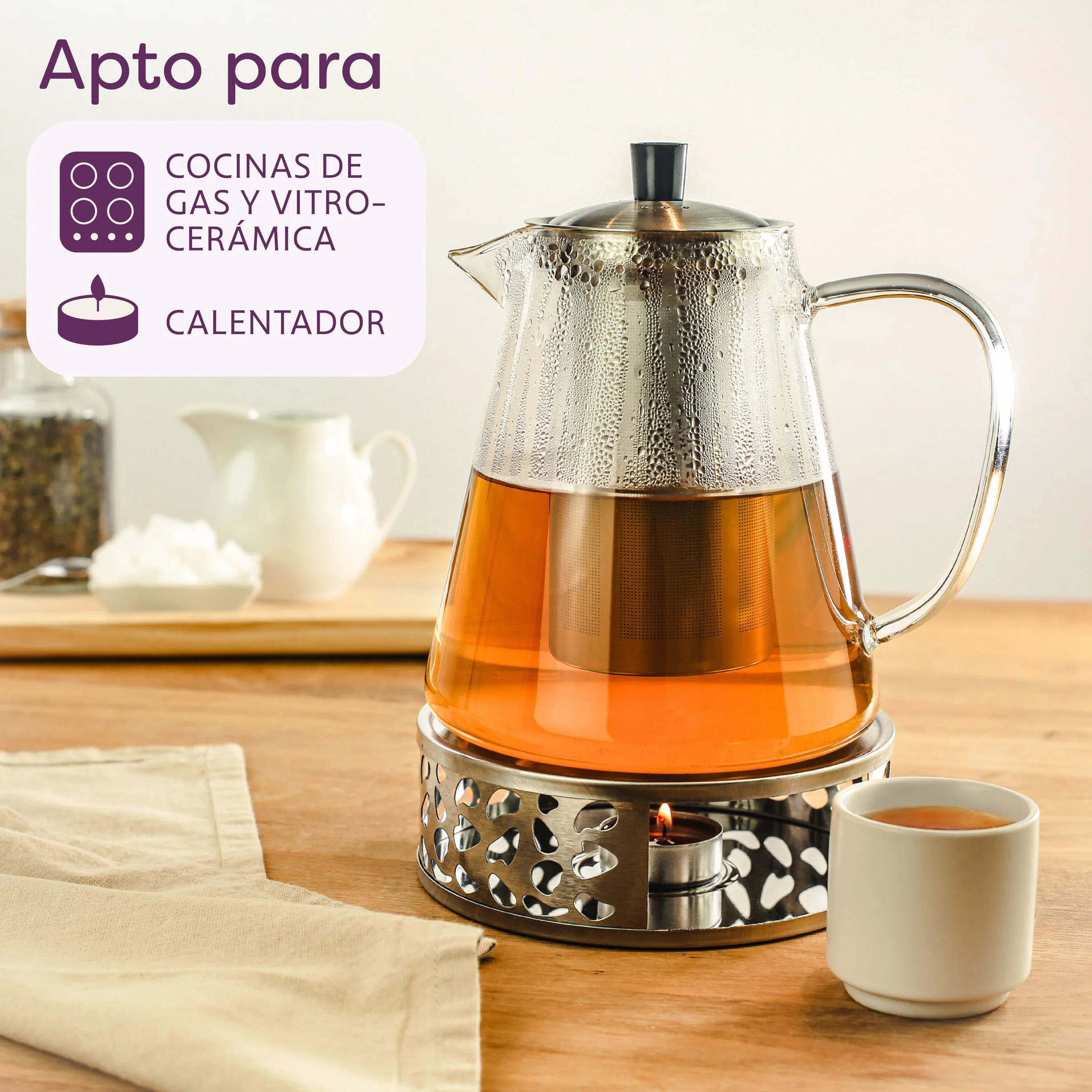 Cosumy Tetera de Cristal con Filtro de Acero Inoxidable - Grande 1,3 L - Con Posavasos de Bambú - Apta para Lavavajillas