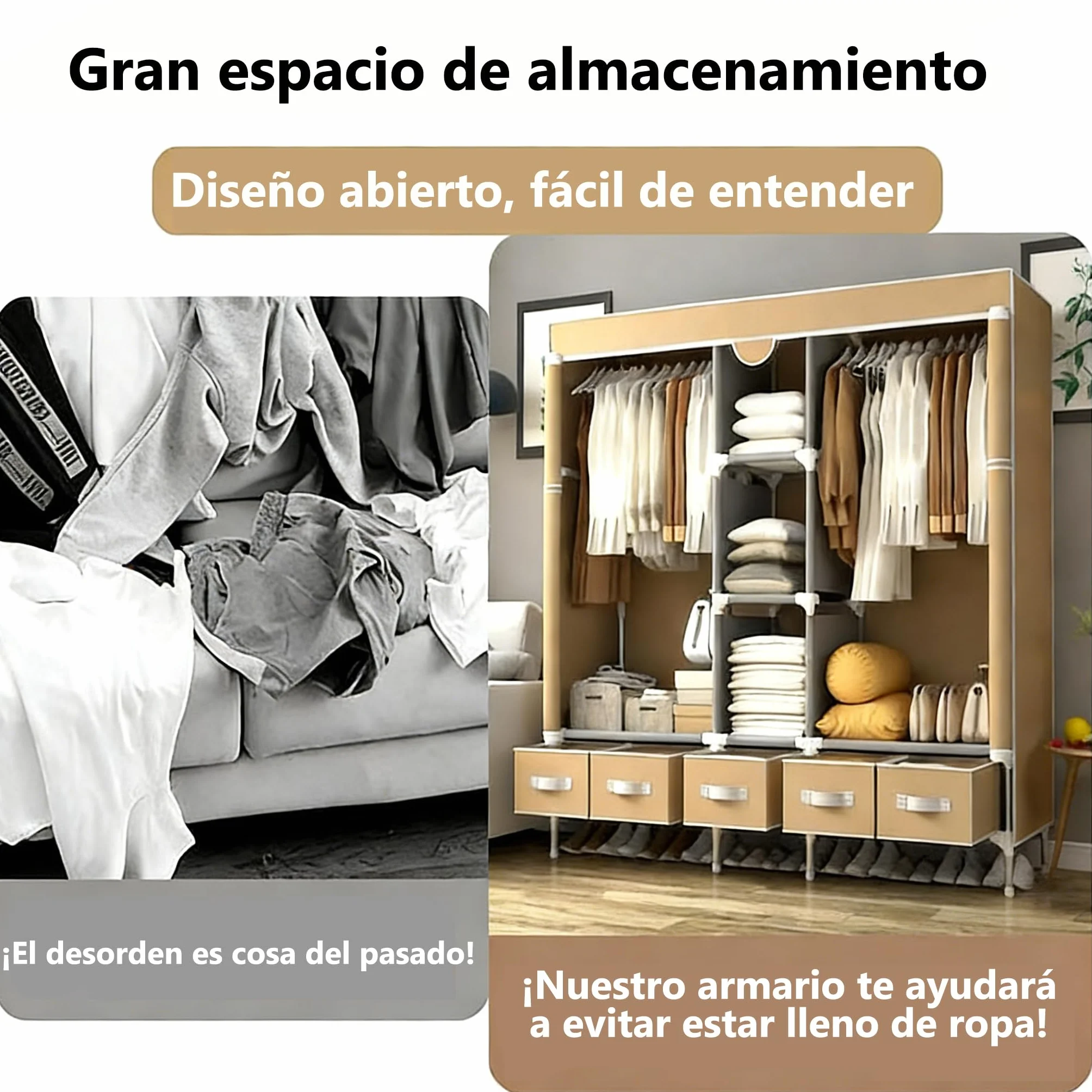 Armario de Tela Portátil, Organizador de Ropa con Barra para Colgar, 5 Cajones de Tela, Compartimentos para Zapatos, Plegable, 185x45x170CM, Marrón Claro