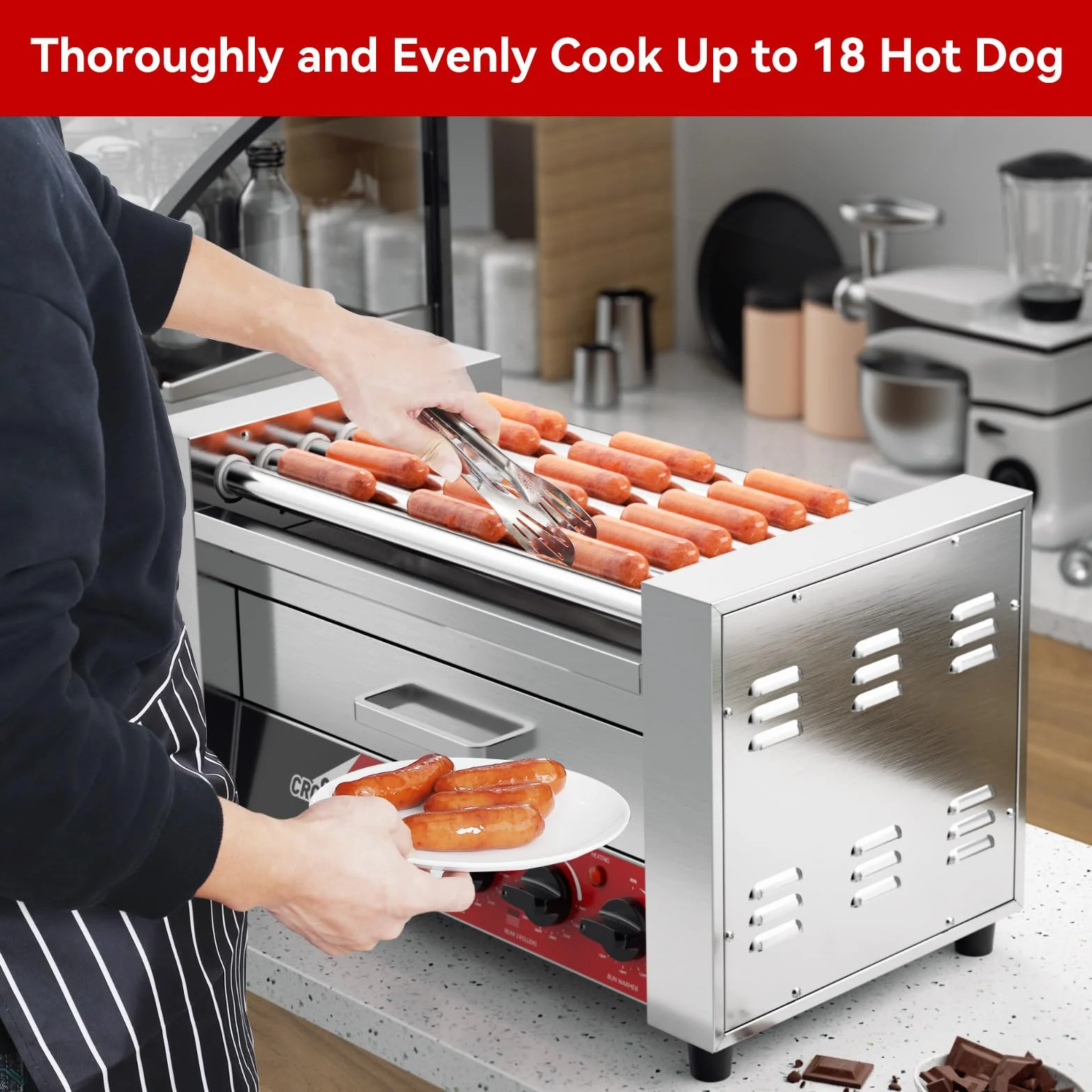 CROSSON 2 IN 1 Maquina de Perritos Calientes Profesional 7 Rollos,1350W Hot Dog Maquina de Acero Inoxidable con 2 Zonas de Calentamiento y Control de Temperatura Dual