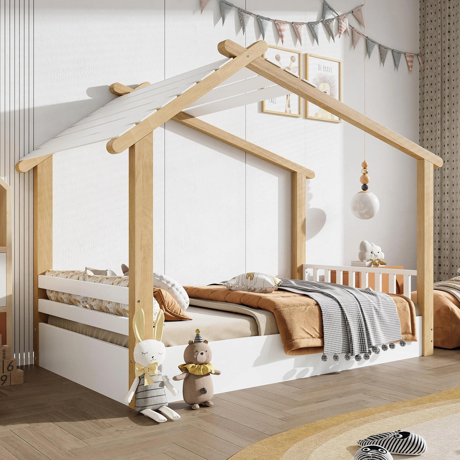 Cama Infantil 90x190 cm, Cama de Casa con Techo, Cama Nido para niños y niñas, Cama de Madera con Valla, Cama Familiar Individual con Protección Anticaídas y Somier, Blanco, Sin Colchón