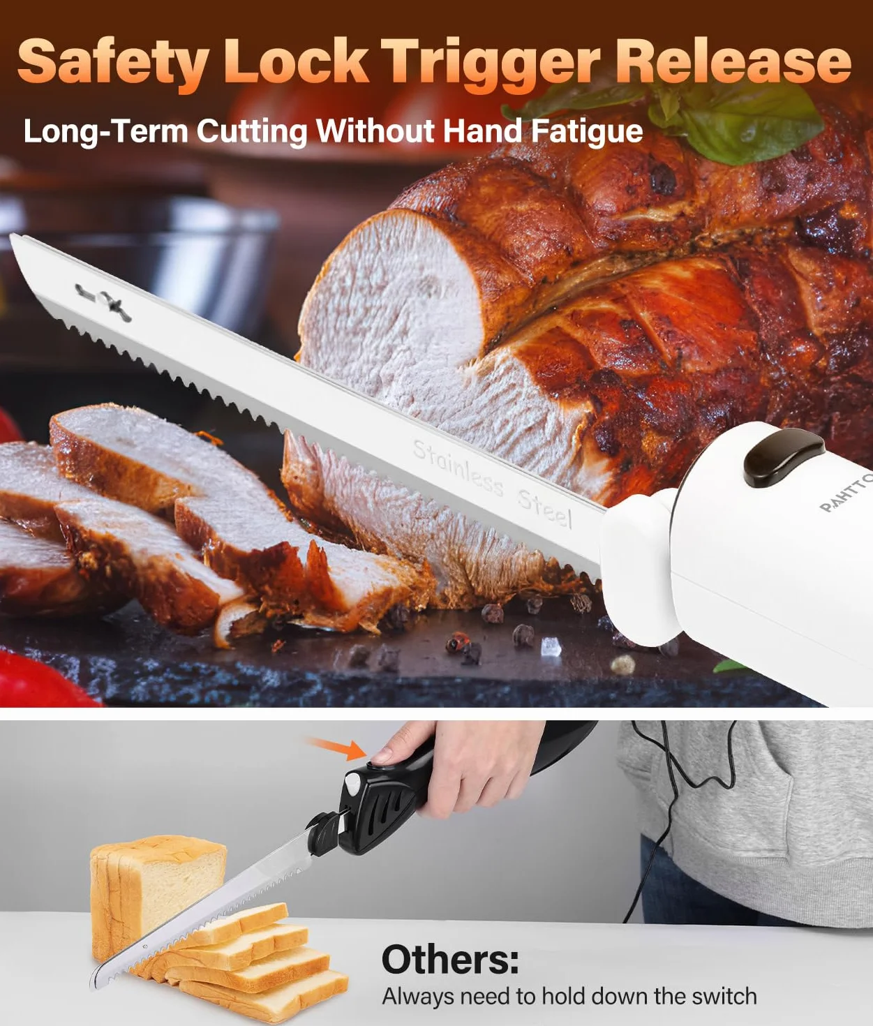 PAHTTO cuchillo eléctrico para cortar carne pan verduras fruta, inalámbrico cuchillo de cocina rebanador de pan con cuchillas dobles de acero inoxidable incl. caja, tenedor y tabla de cortar plegable