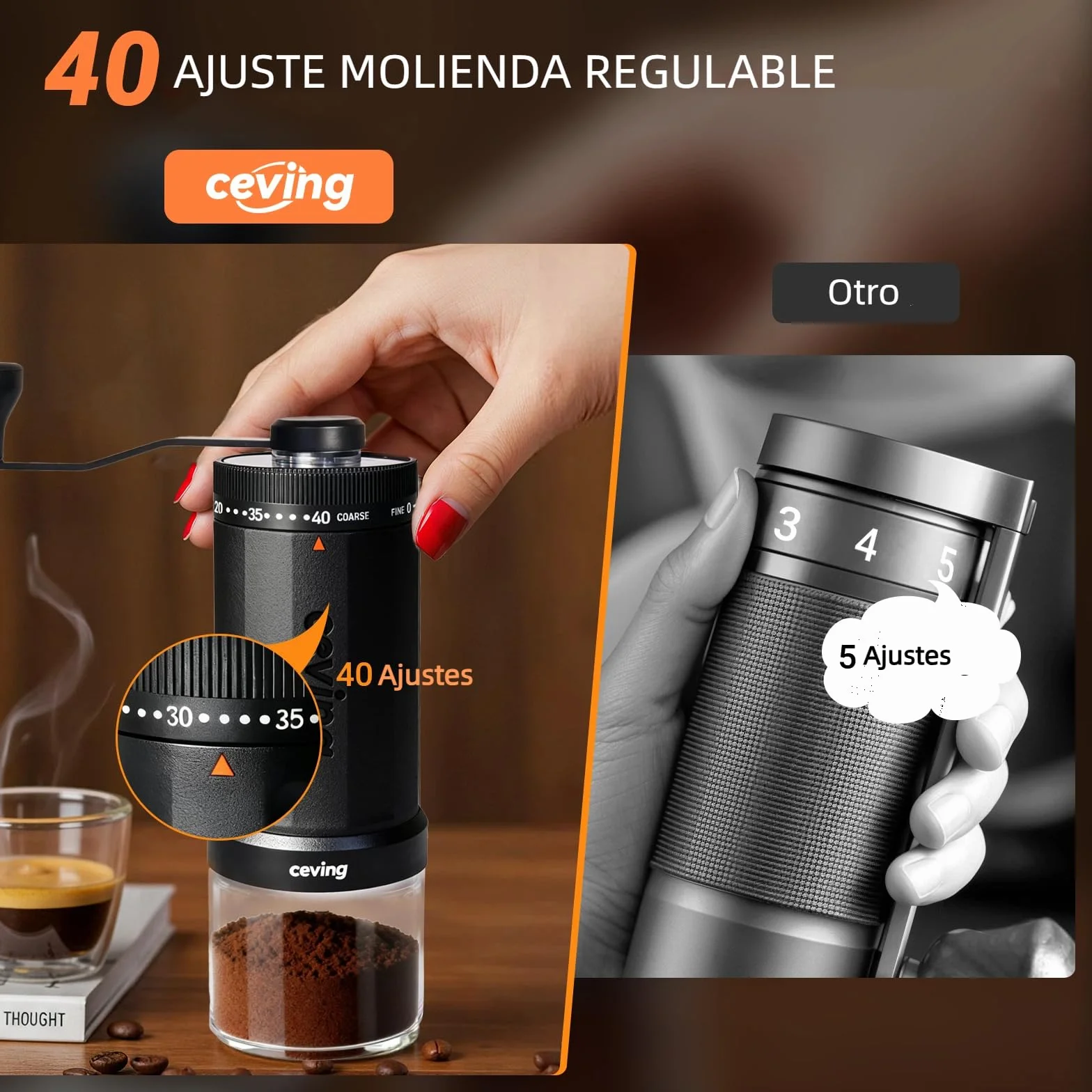 Molinillo de Café Manual 60g 40 Niveles Muelas Cónicas de Cerámica