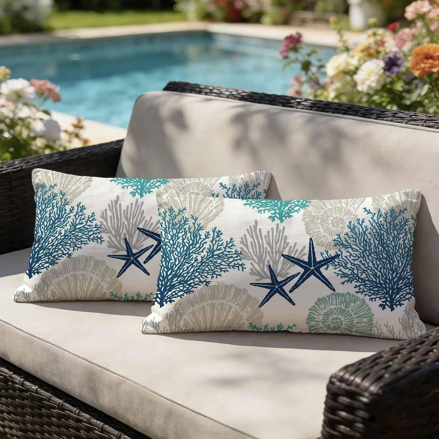 Funda Cojin Impermeable 50x30 cm Estrellas de Mar y Algas Gris Turquesa para Exterior Paquete de 2