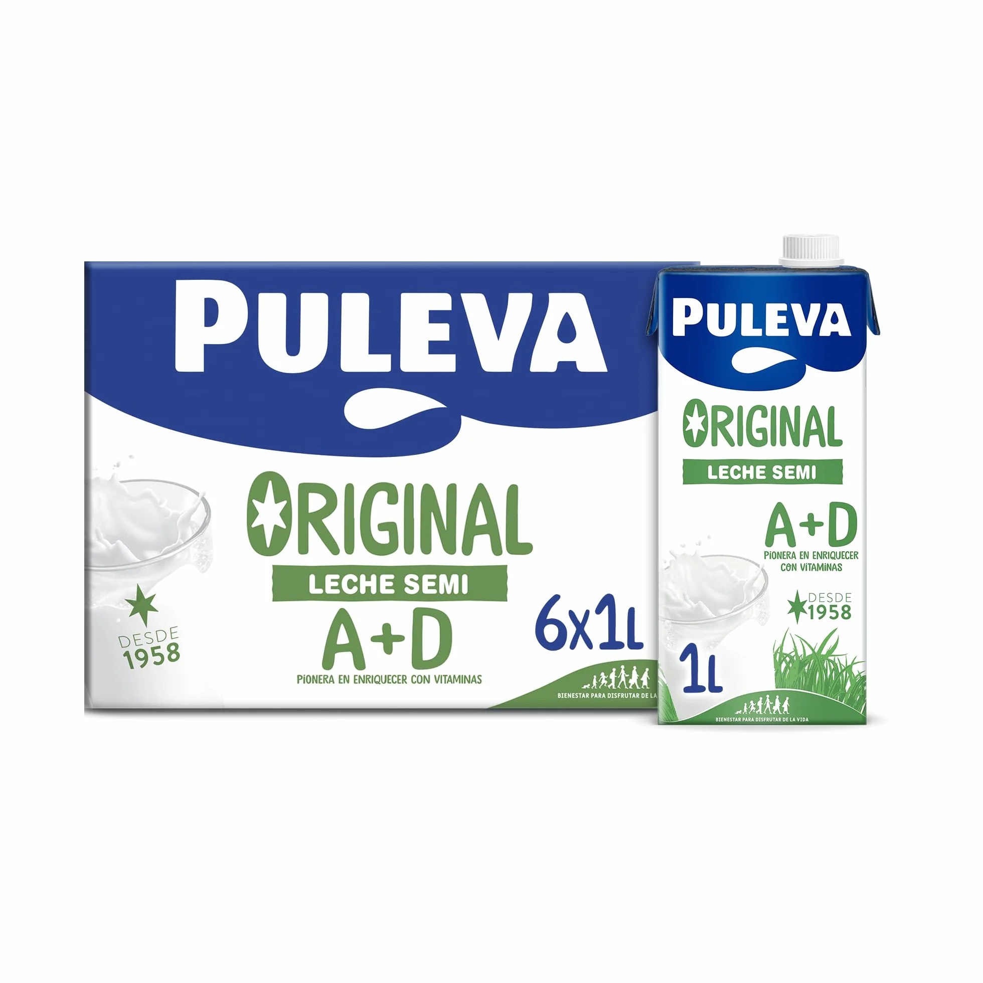 Puleva Original Leche Semidesnatada con Vitaminas A y D Sin Azúcar Añadido Sin Gluten Brik UHT Pack 6 x 1L