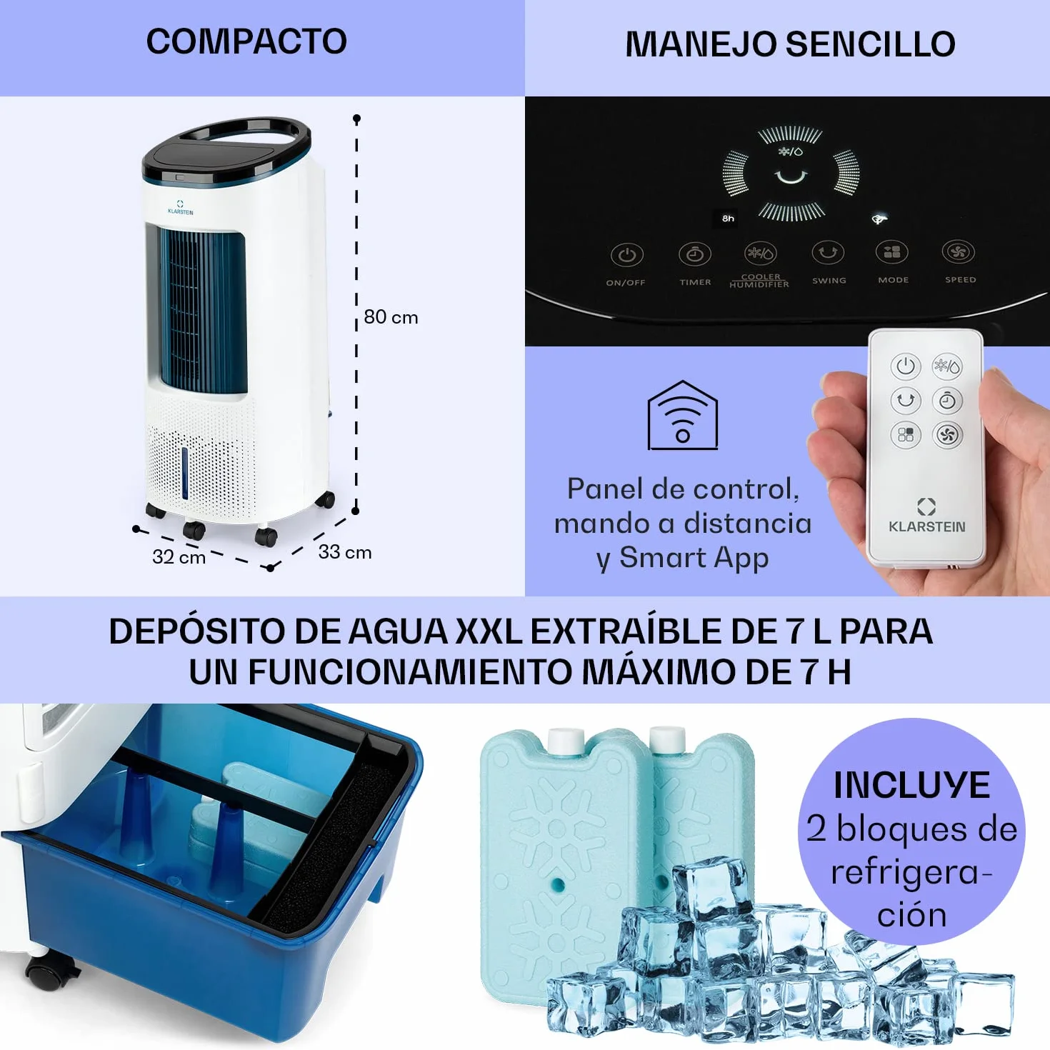 Klarstein IceWind Plus Climatizador Evaporativo – 4 en 1: Ventilador, Enfriador, Humidificador & Purificador, 330 m³/h, Control App & Alexa, Silencioso, Depósito 7L, Azul metalizado/Blanco