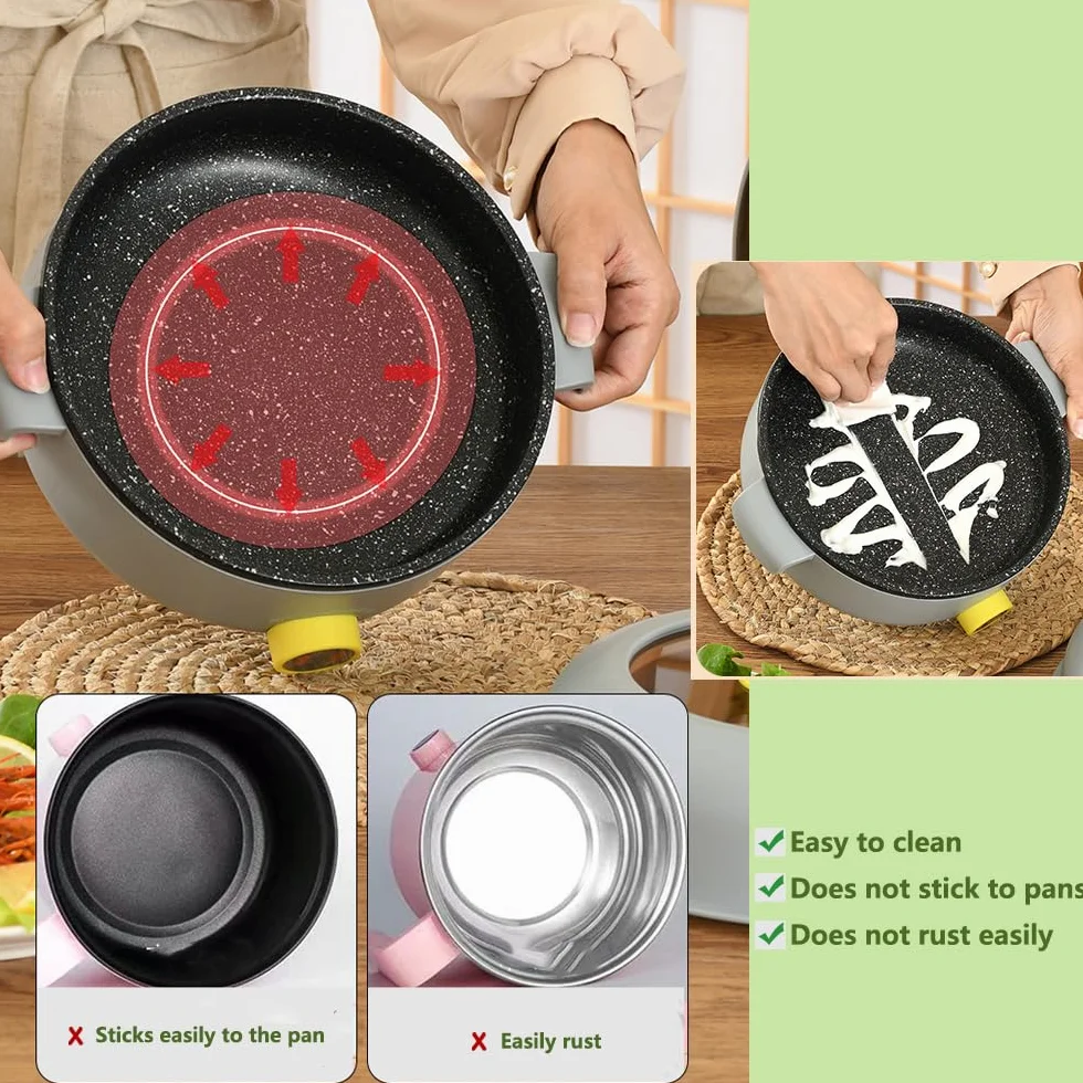 Olla Eléctrica 2.2L con Vaporera, Sartén Antiadherente Portátil para Asar/Ramen/Bistec/Fondue/Sopa, Doble Control de Potencia, beige