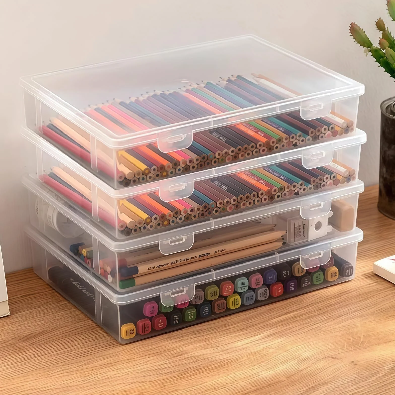 Cajas Almacenaje Plastico, 4 Piezas Cajas de Plastico con Tapa Apilables, Resistentes y Duraderas, Sin BPA, para Material de Oficina, Manualidades, Piezas, Fotos (23 x 17 x 5 cm)