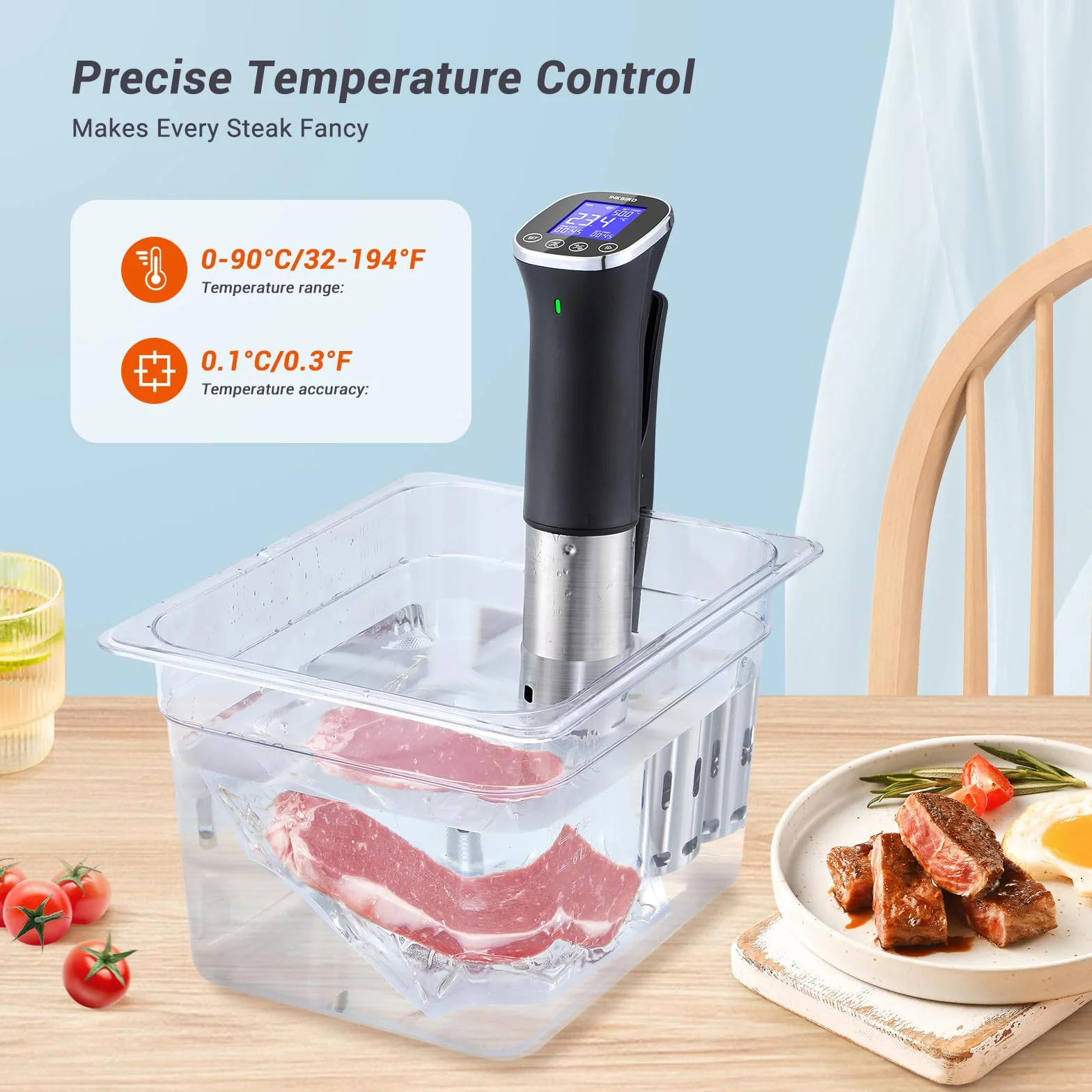 Sous Vide, Sous Vide Stick ISV-300W WLAN Dispositivo de cocina profesional, hilo de baja temperatura 0-90℃ | Recetas de aplicaciones, IPX7 impermeable, ±0.1 °C temperatura precisa y constante