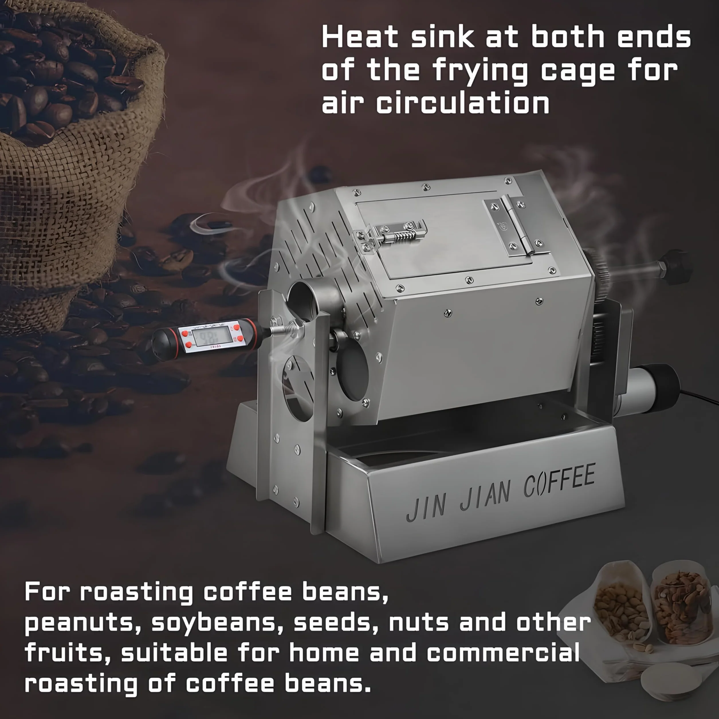 Tostador Eléctrico de Granos de Café de Tambor 3.4L con Termómetro Profesional