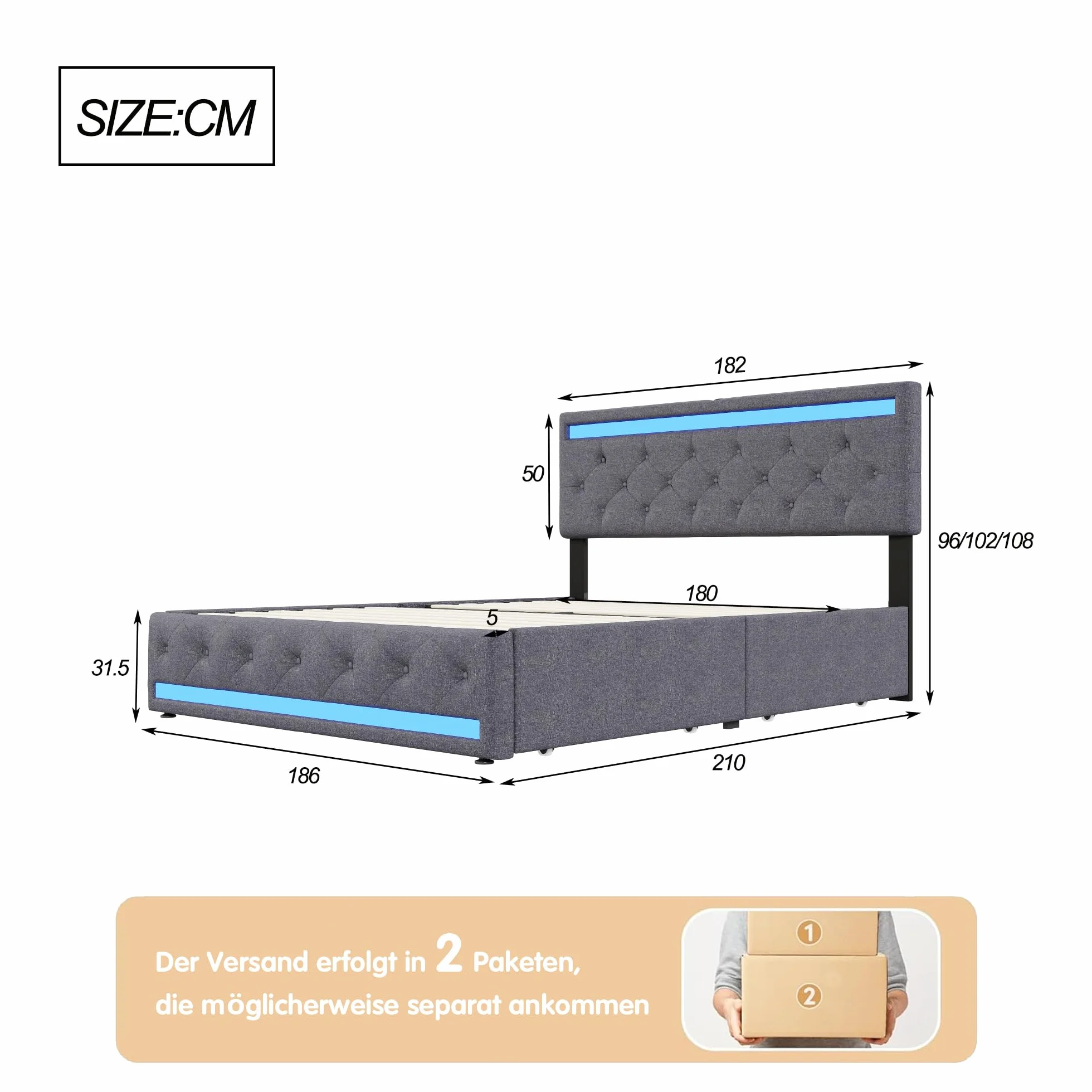 KeepGoon Cama Doble de 180 x 200 cm, Cama Acolchada con 4 cajones de Hierro, Largo Puerto USB y Barra para lámpara de Noche, Cama de Almacenamiento, con somier, Tela de Lino, cabecero Ajustable