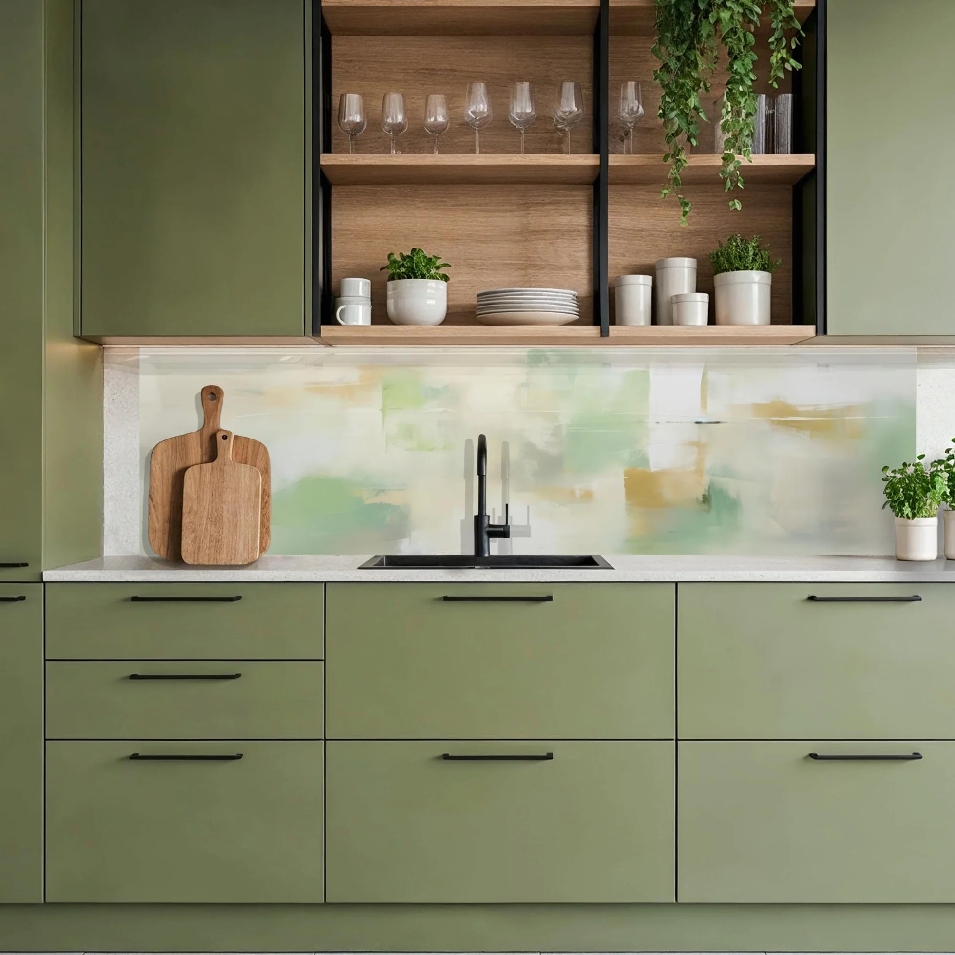 KitchenYeah© Antisalpicaduras Cocina 80x300 cm Adhesivo Salpicadero Protector Salpicaduras Kitchen Abstracto - Arte - Blanco - Verde - Moderno