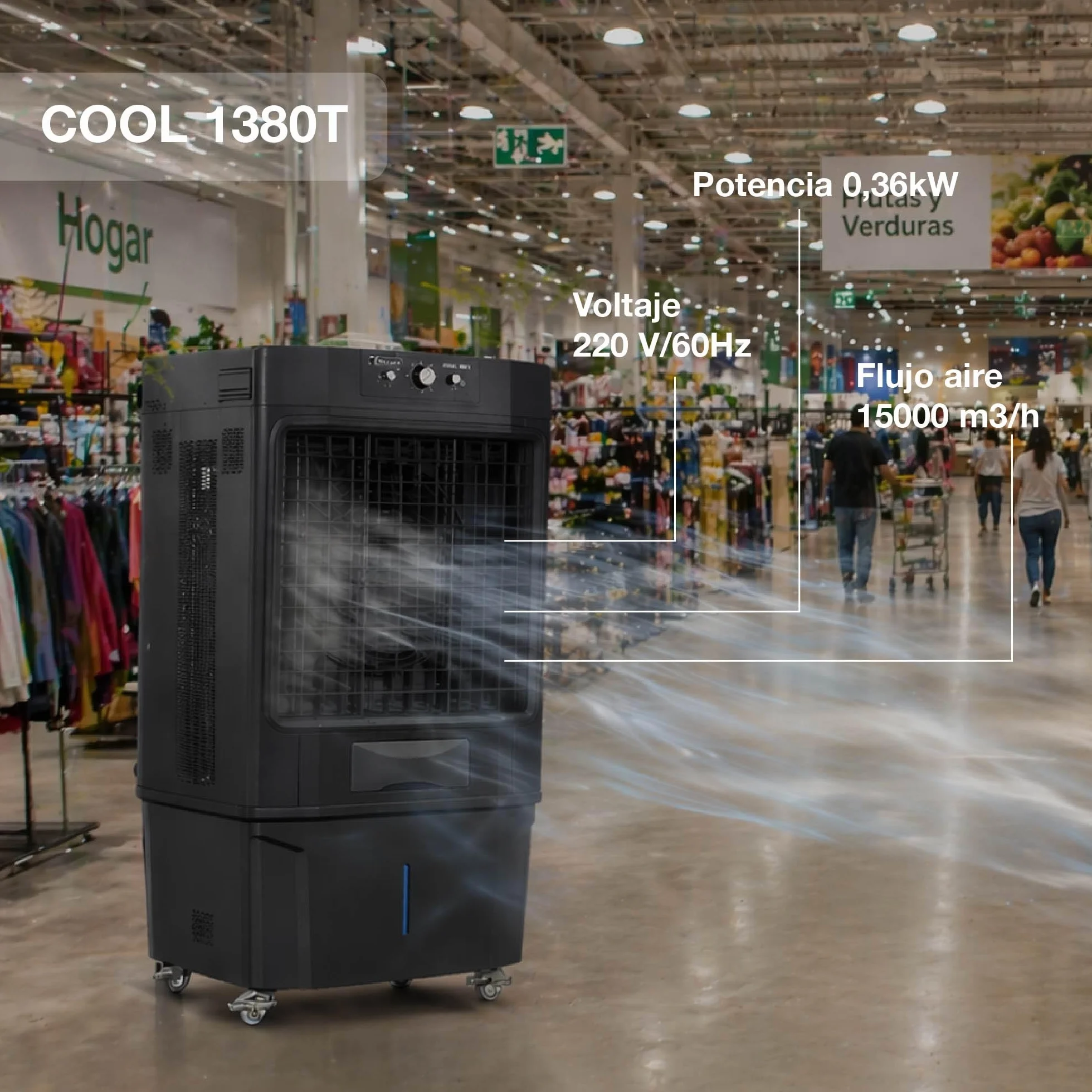 GARLAND COOL 1380T Climatizador Evaporativo 360 W | Flujo 15000 m³/h, Depósito 80 L, Para 70-100 m², Estructura Metálica, Bajo Consumo, Portátil, Control Manual