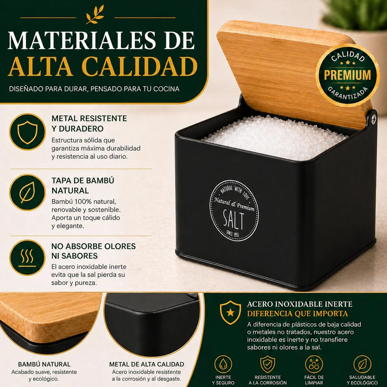 Salero de Cocina con Tapa de Bambú 11x14x11 cm Estructura Metálica Tapa Abatible Negro