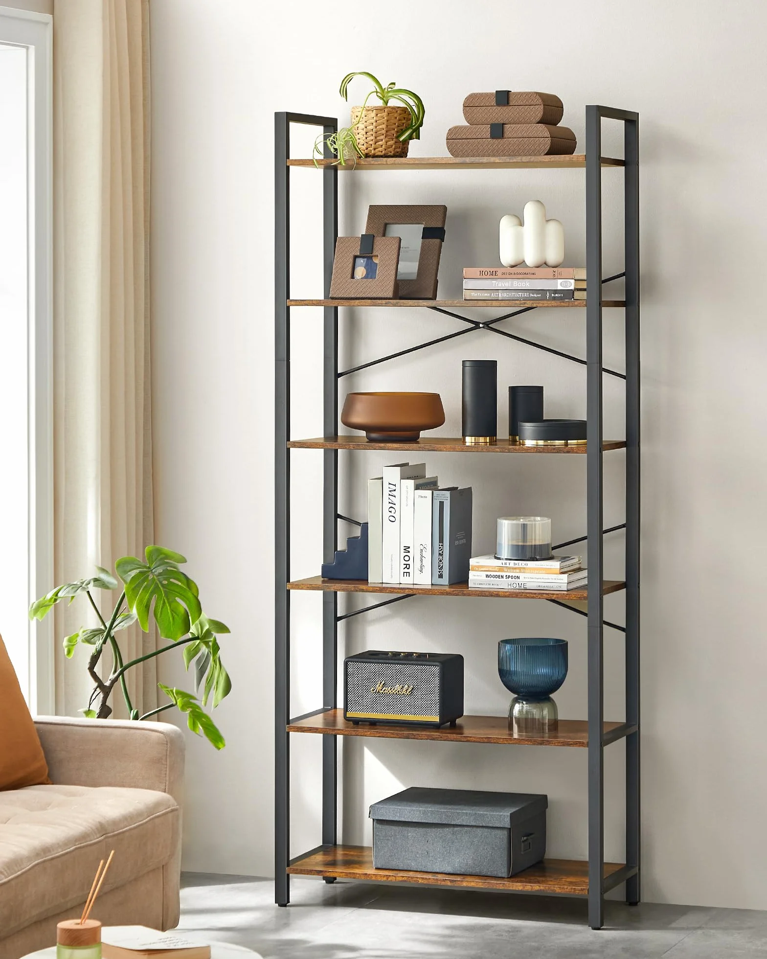 VASAGLE Estantería 6 Niveles Librería Marco Acero 30x80x186 cm Marrón Rústico Negro