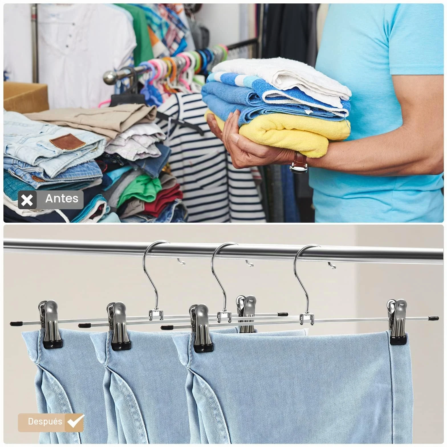 GUANJUNE Percha para pantalones, 10 unidades de perchas para faldas con clips antideslizantes ajustables, perchas de metal que ahorran espacio para abrigo, ropa, vaqueros, perchas para niños para
