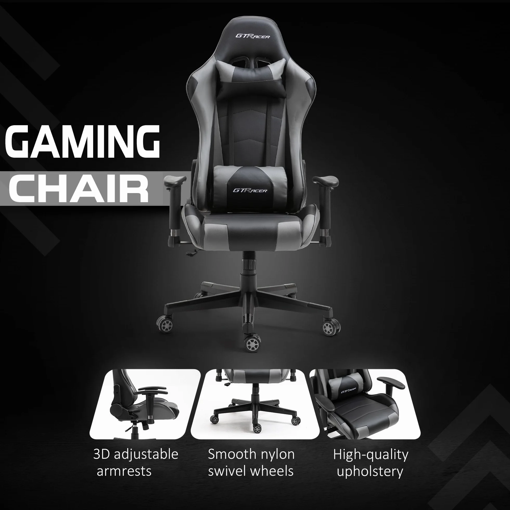 GTRACER Pro Gaming - Silla de oficina ergonómica con reposabrazos ajustables, piel sintética, incluye cojín lumbar y almohada (negro y gris)