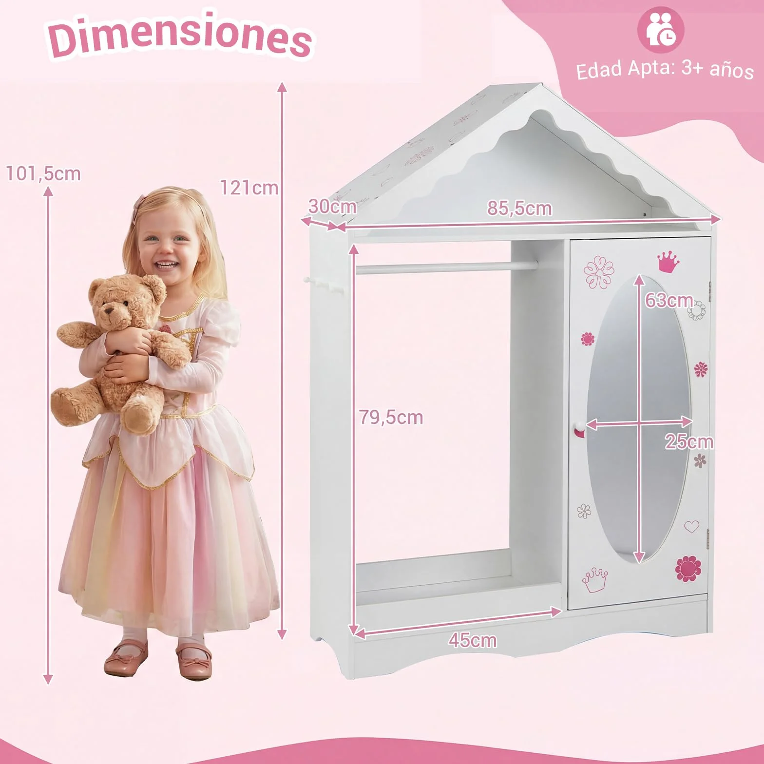 COSTWAY Armario Infantil con Espejo, Tejado y Barra Colgante Organizador Dormitorio (Blanco)